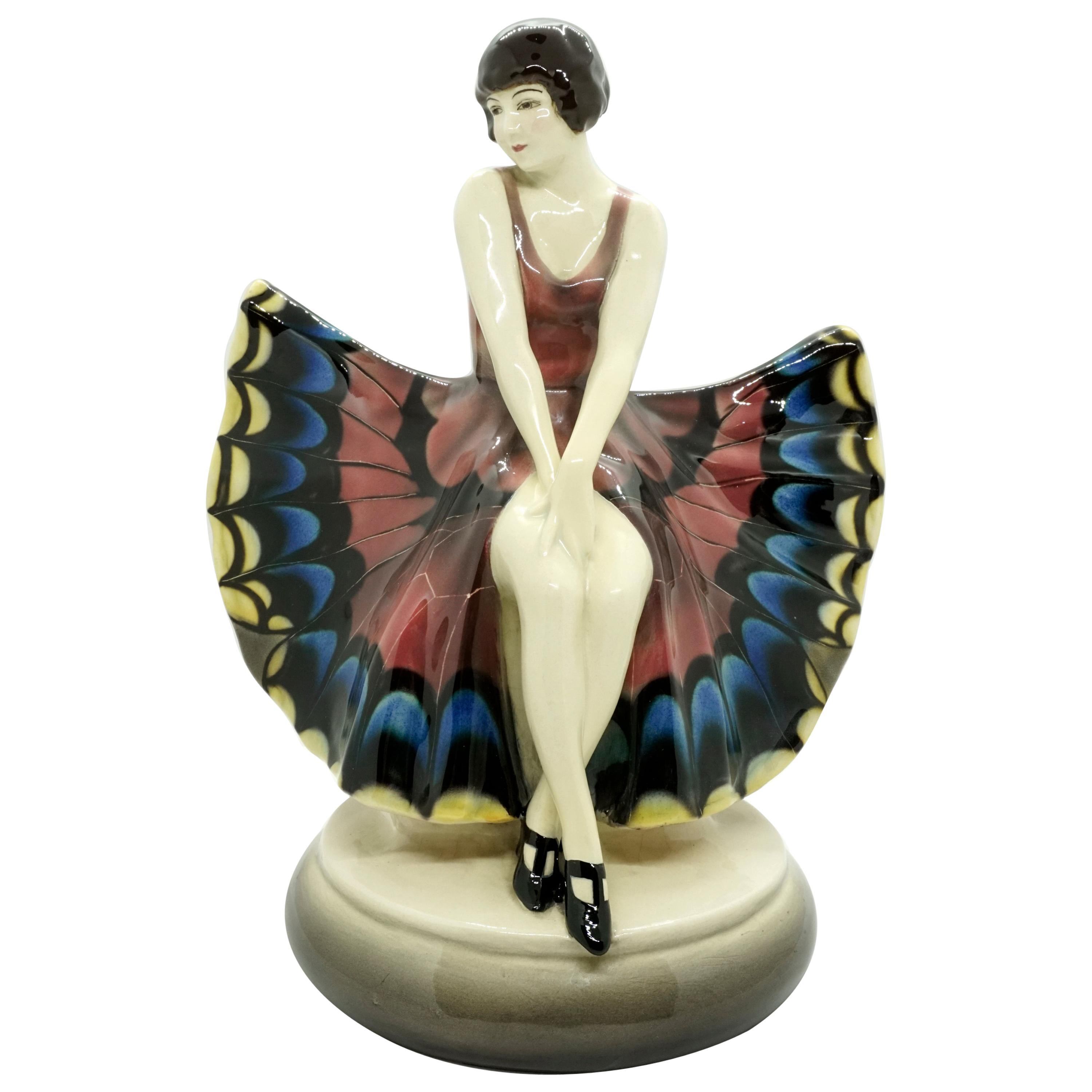 Goldscheider Vienna Sitting Dancer in Butterfly Dress, Josef Lorenzl, circa 1930