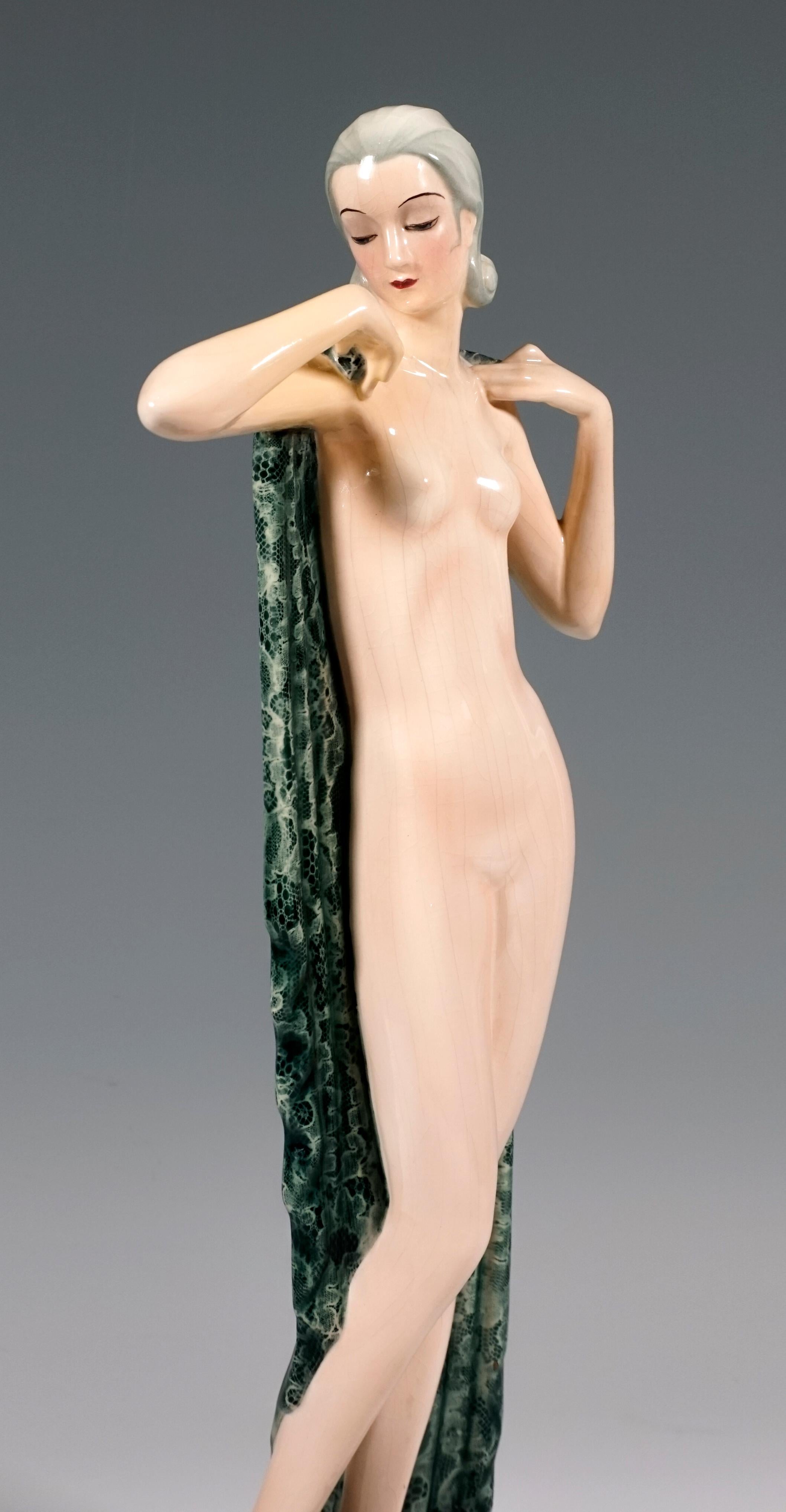 Austrian Goldscheider Vienna Standing Nude with Large Cloth by Josef Lorenzl, circa 1935 For Sale