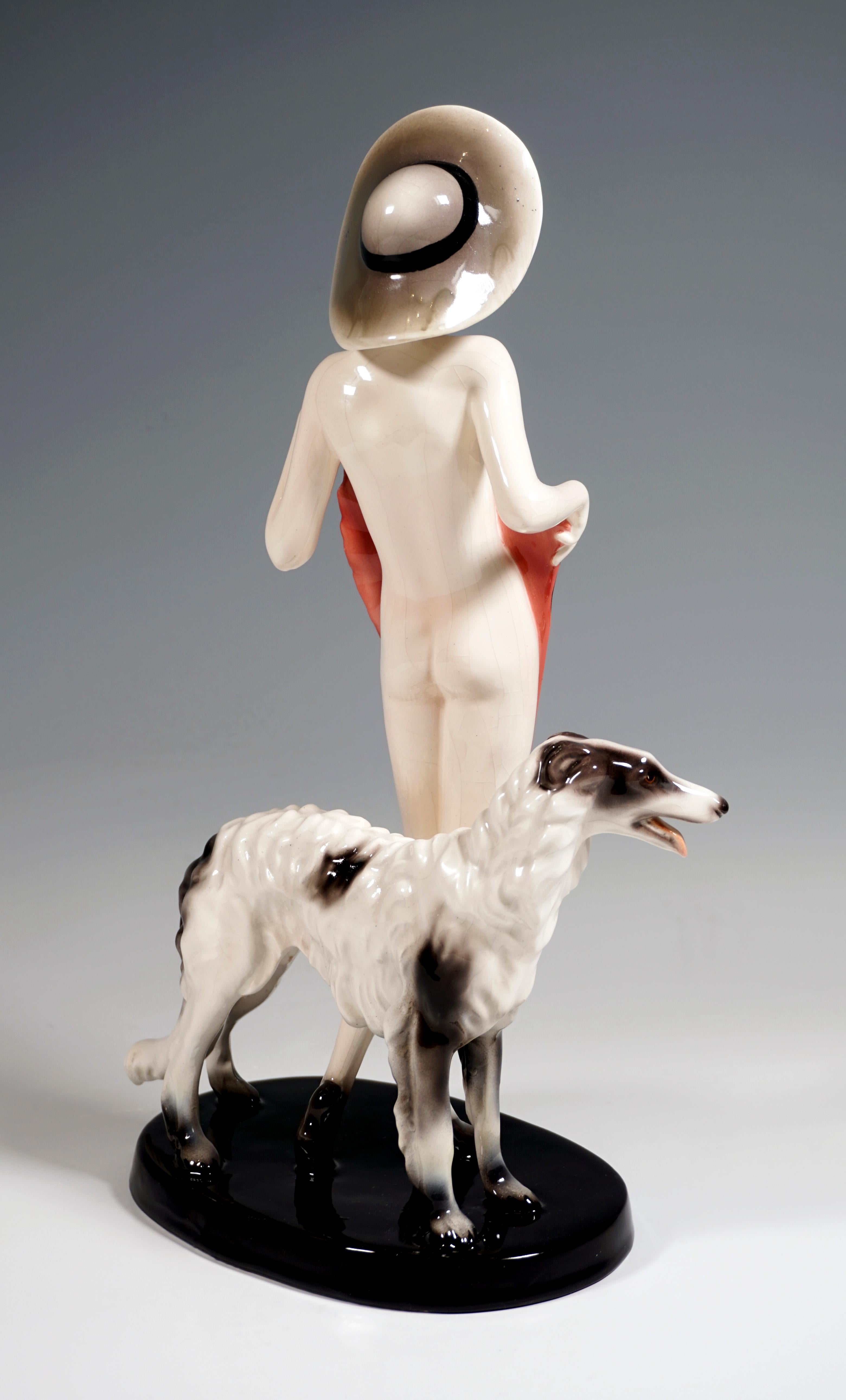 Art Deco Goldscheider Vienna, Standing Nude with Large Fan, Hat & Barzoi, by Lorenzl 1937 For Sale