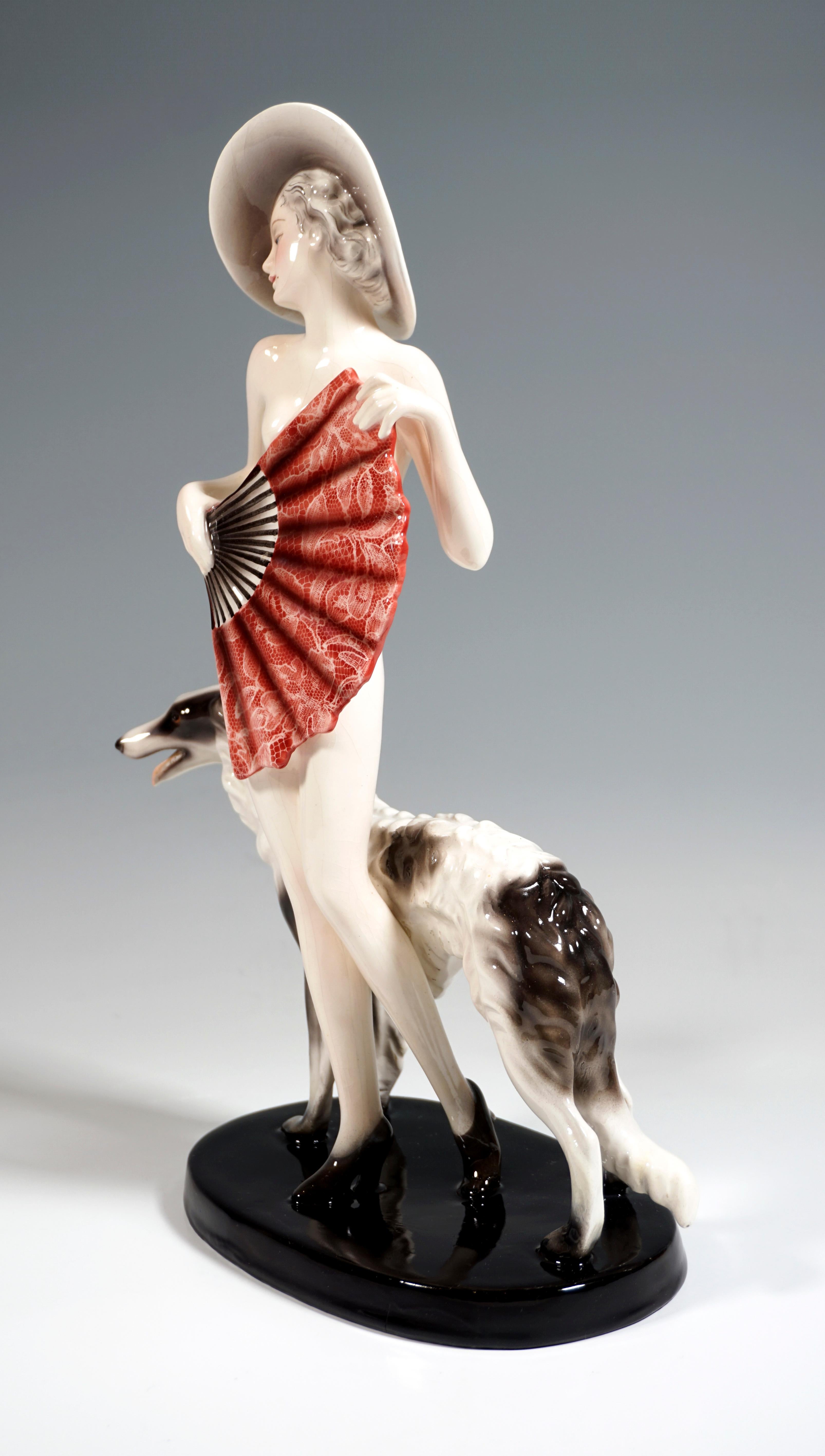 Austrian Goldscheider Vienna, Standing Nude with Large Fan, Hat & Barzoi, by Lorenzl 1937 For Sale