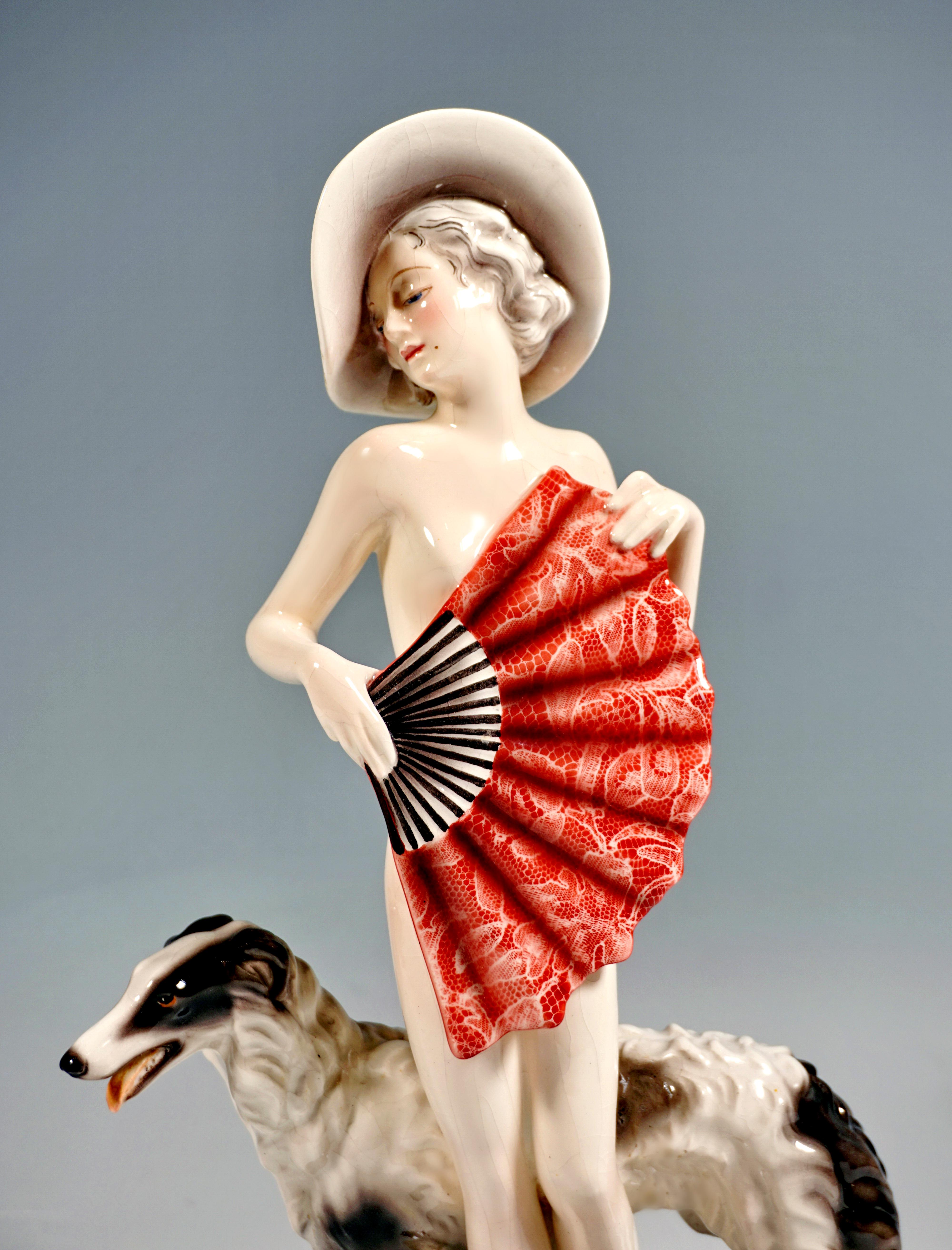 Hand-Crafted Goldscheider Vienna, Standing Nude with Large Fan, Hat & Barzoi, by Lorenzl 1937 For Sale