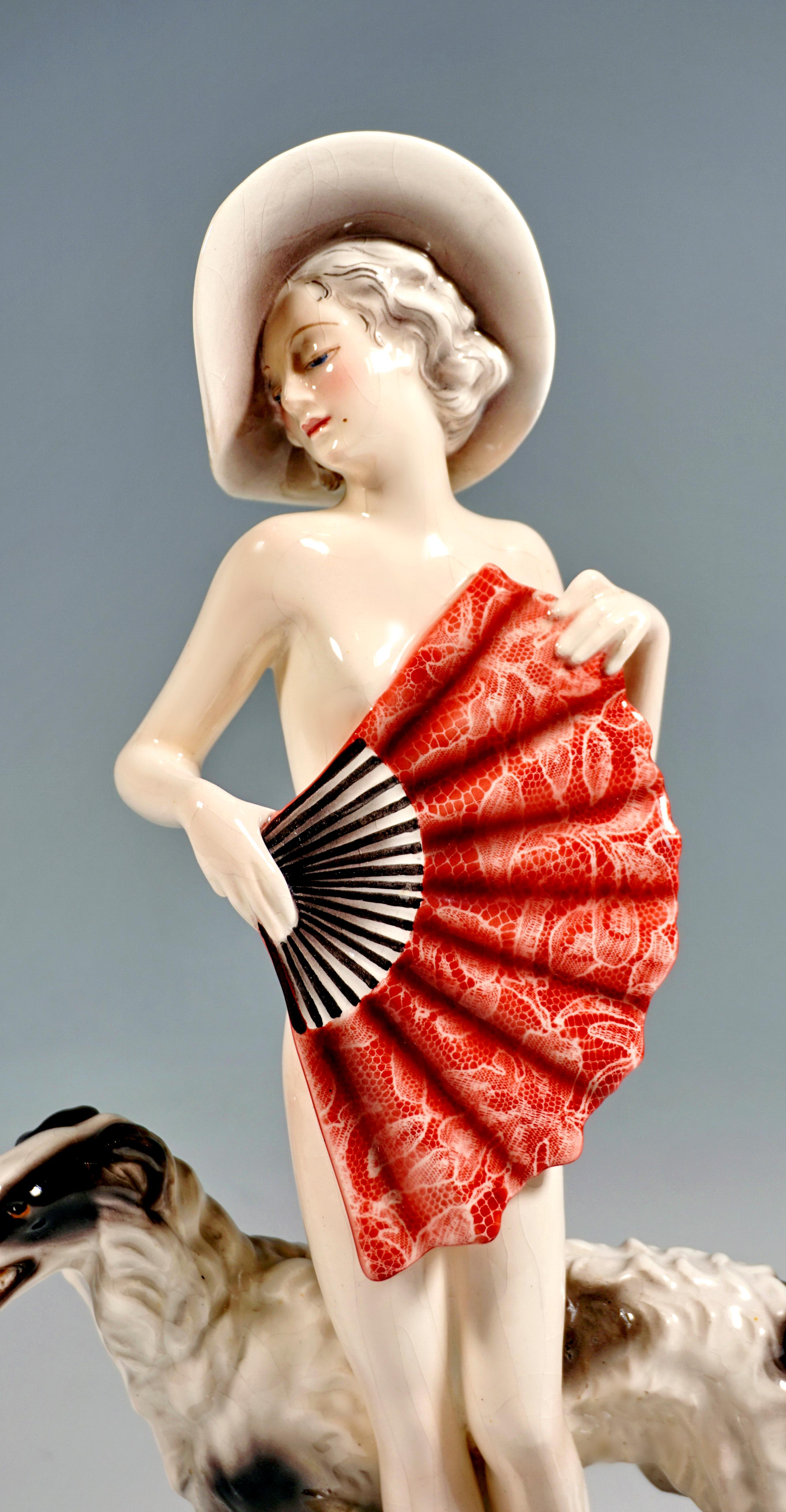 Mid-20th Century Goldscheider Vienna, Standing Nude with Large Fan, Hat & Barzoi, by Lorenzl 1937 For Sale