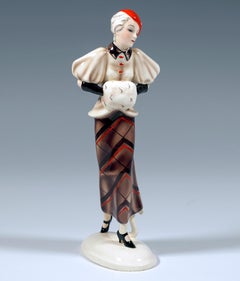Goldscheider Vienna Striding Lady With Cape And Muff, von Josef Lorenzl, ca. 1934