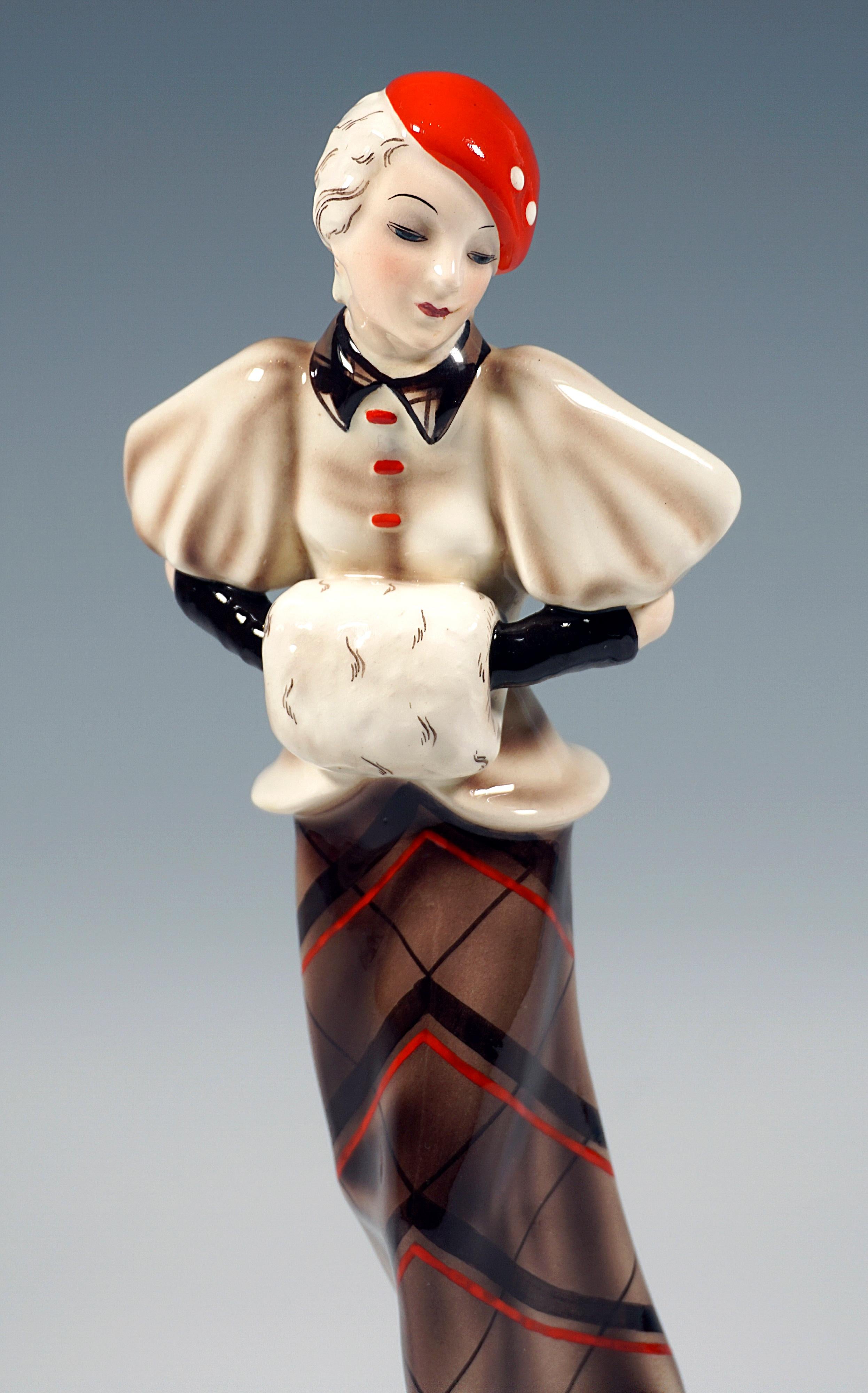 Hand-Crafted Goldscheider Vienna Striding Lady With Cape And Muff, by Josef Lorenzl, ca 1934 For Sale