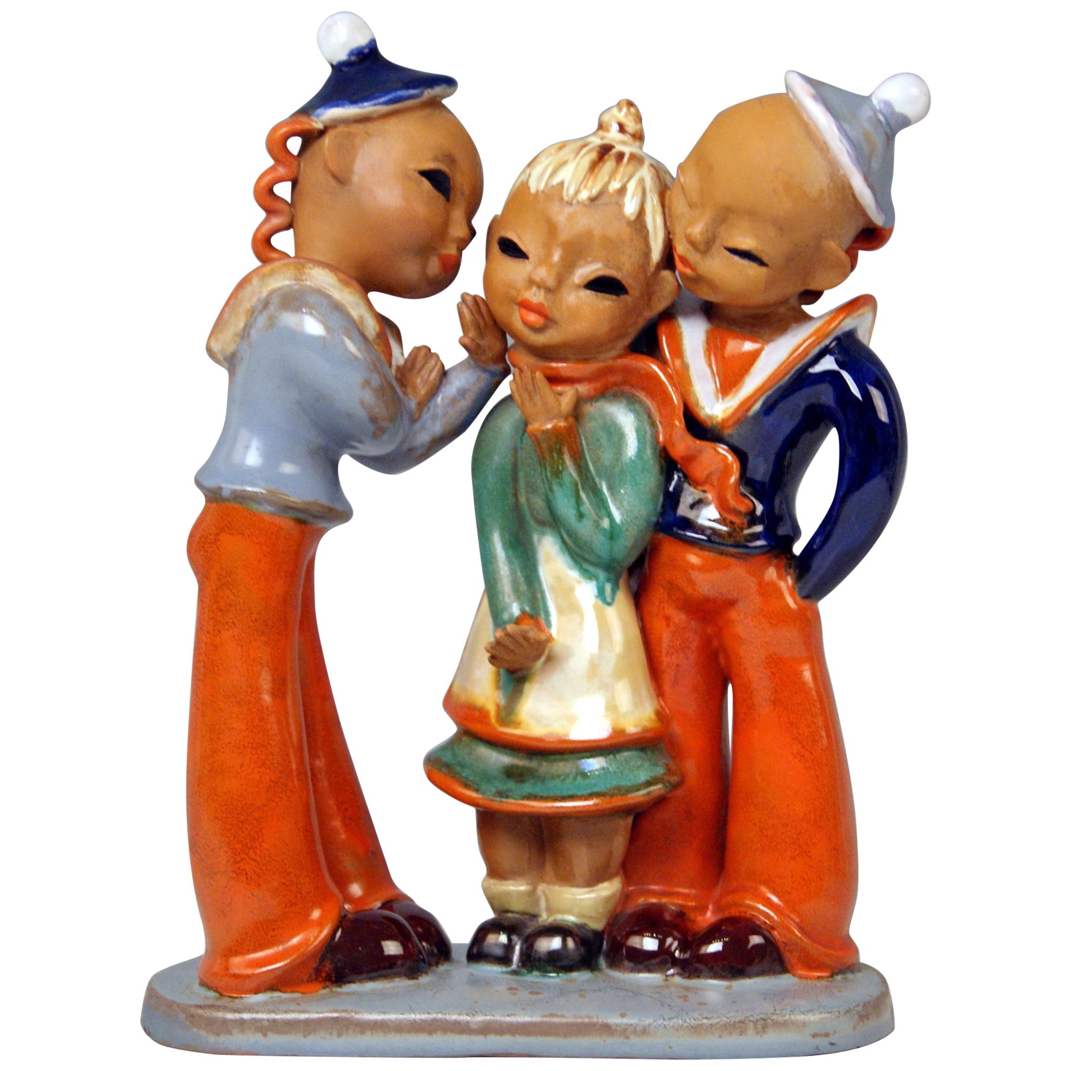 Goldscheider Vienna Three Figurines Two Boys Girl Model 7841, Goebel, circa 1937