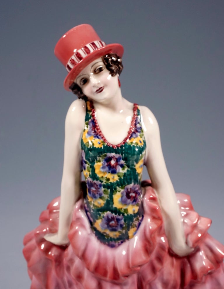 Hand-Painted Goldscheider Vienna Vaudeville Lady Dancer with Top Hat by Josef Lorenzl For Sale