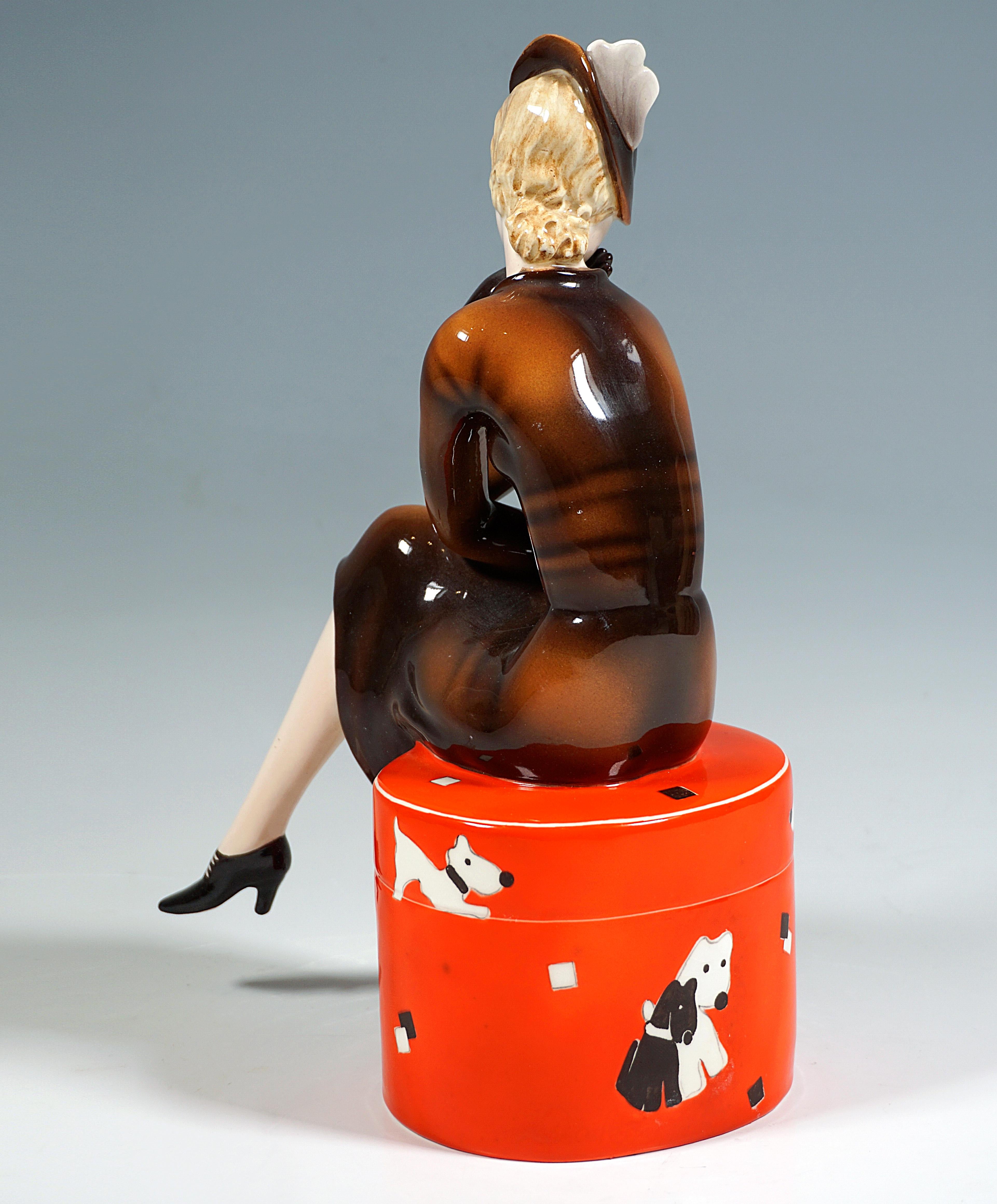 Art Deco Goldscheider Vienna, Young Lady Sitting on a Red Hat Box, by Dakon, C. 1936