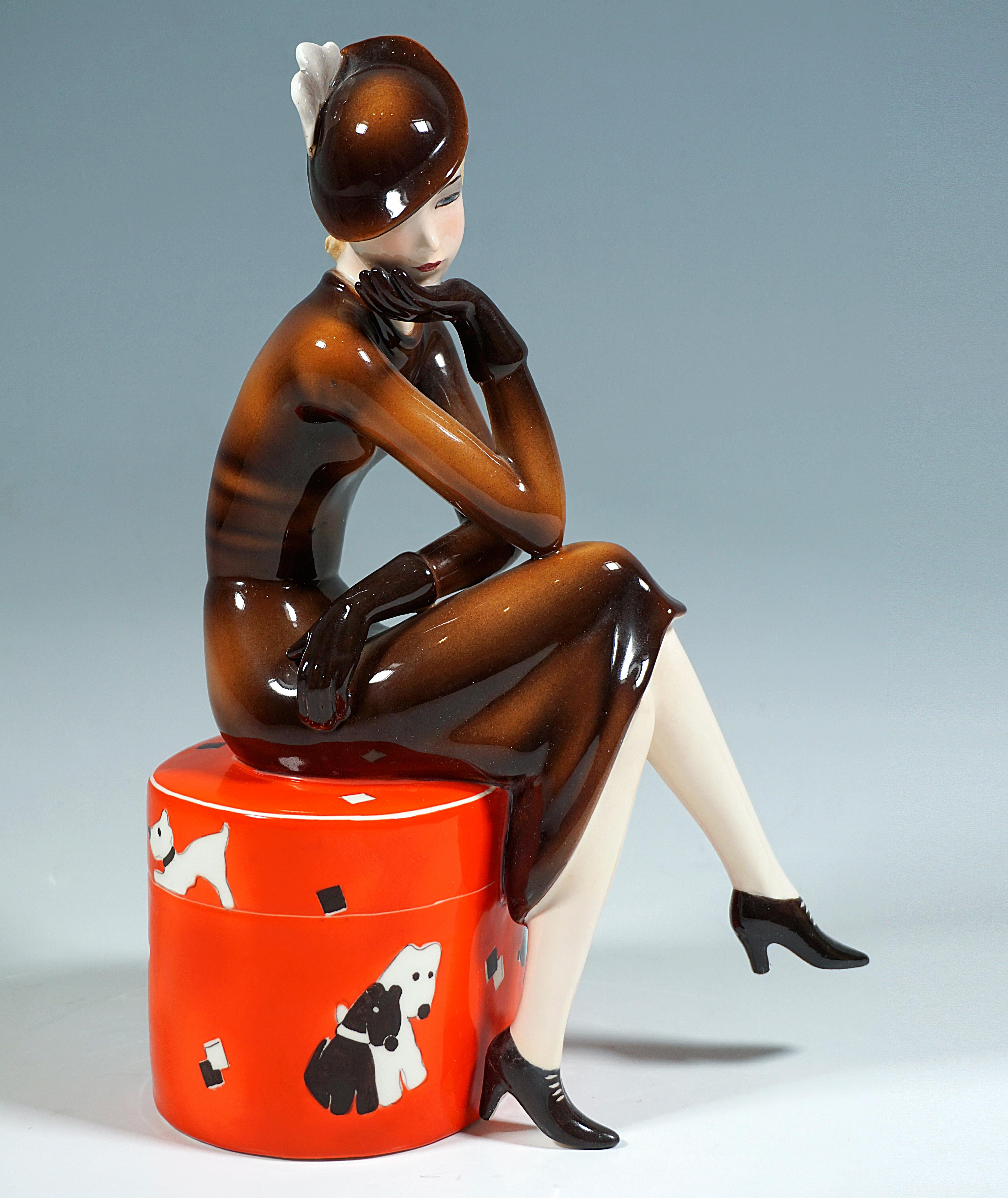 Hand-Crafted Goldscheider Vienna, Young Lady Sitting on a Red Hat Box, by Dakon, C. 1936