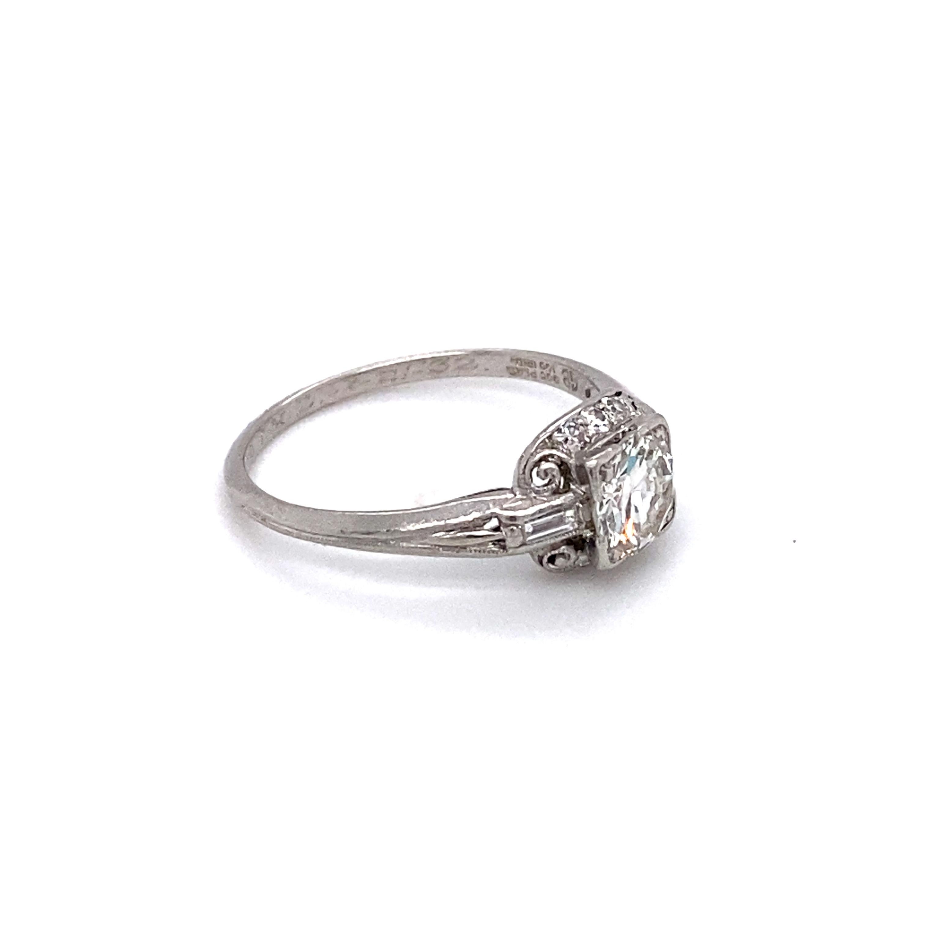 Circa: 1932
Metal Type: Platinum 
Weight: 2.8 Grams
Size: US 5.75, resizable
The inscription reads 