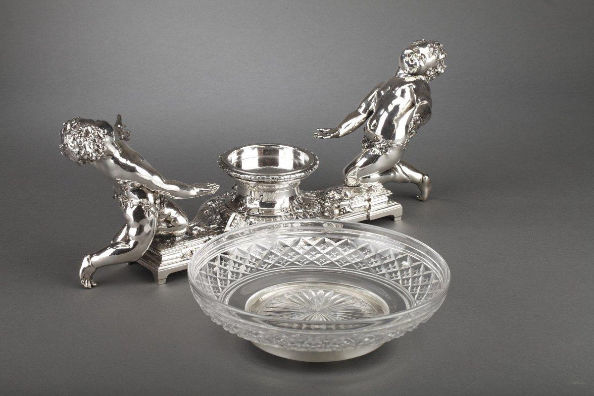 Goldsmith Christofle - Table Centerpiece In Silver Bronze And XIXth Crystal Cup In Excellent Condition For Sale In SAINT-OUEN-SUR-SEINE, FR