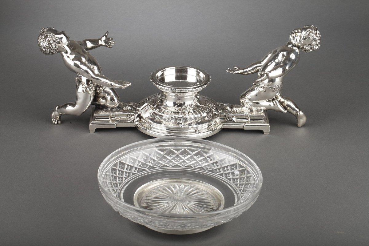 Argent sterling Orfèvre Christofle - Centre de table en bronze argenté et coupe en cristal du XIXe siècle en vente