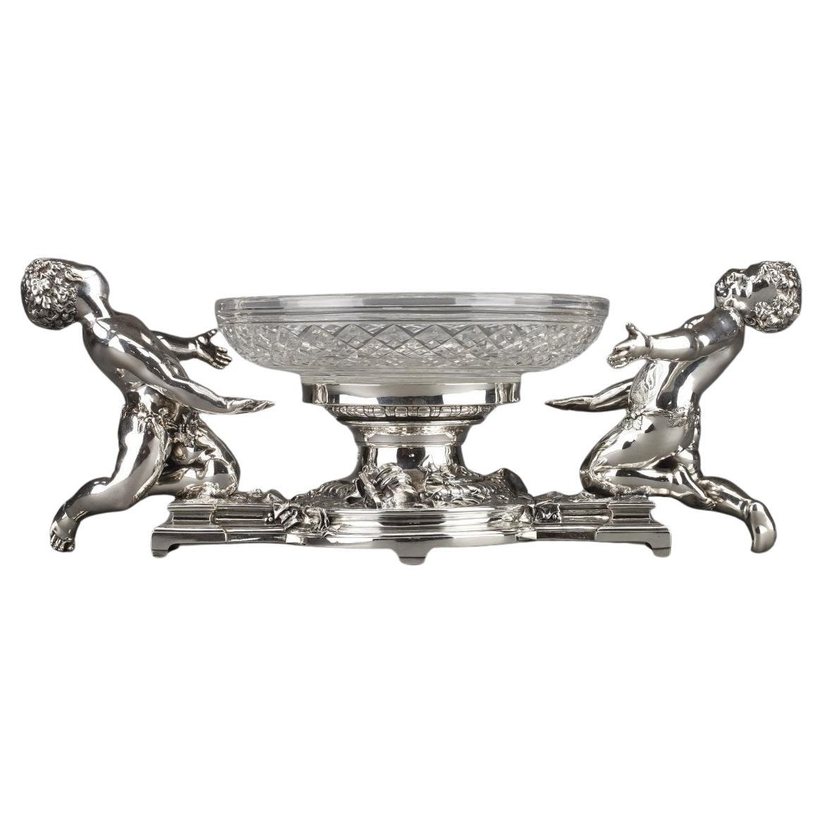 Orfèvre Christofle - Centre de table en bronze argenté et coupe en cristal du XIXe siècle en vente