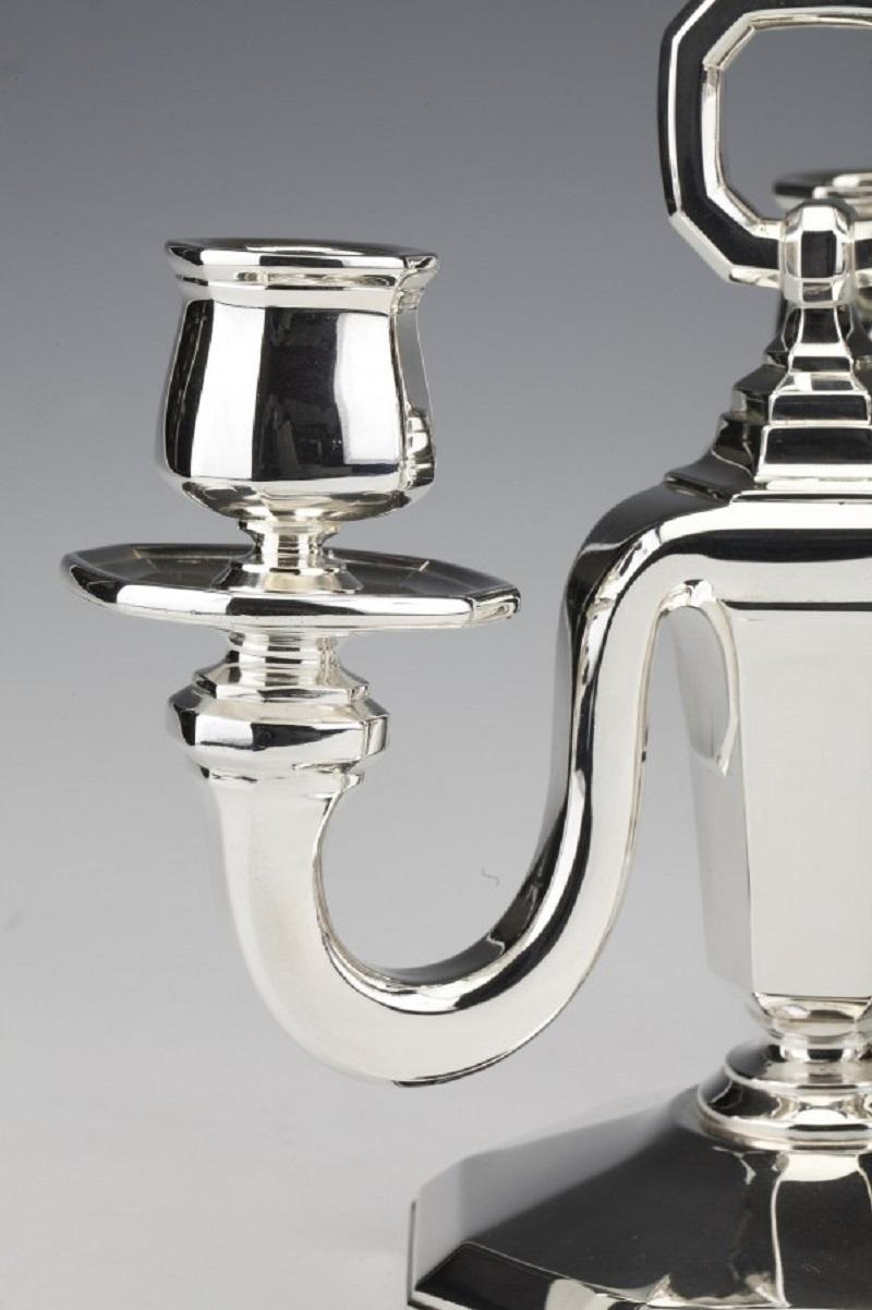 French Goldsmith Gustave Keller, Pair of Sterling Silver Candelabra Art Deco 1930 For Sale