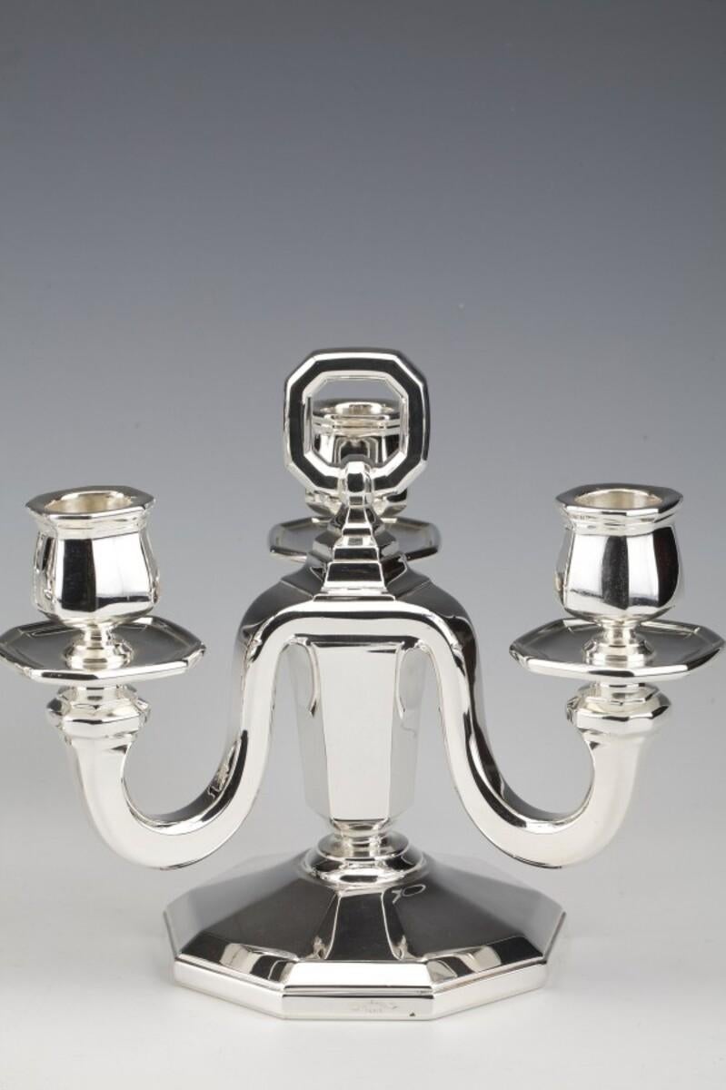 French GOLDSMITH GUSTAVE KELLER - Pair of Sterling Silver Candelabra Art Deco 1930 For Sale