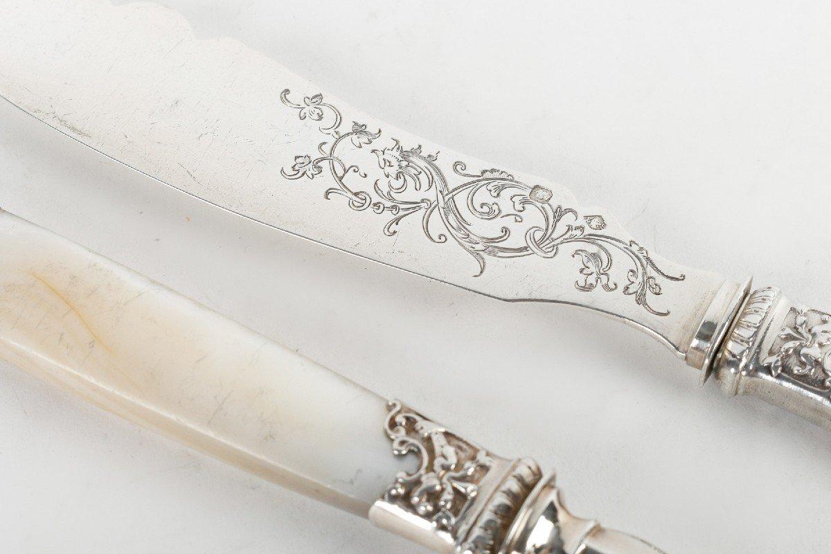 Goldsmith Merite 12 Solid Silver And Mother-Of-Pearl Fish Cutlery 19th Century In Excellent Condition For Sale In SAINT-OUEN-SUR-SEINE, FR