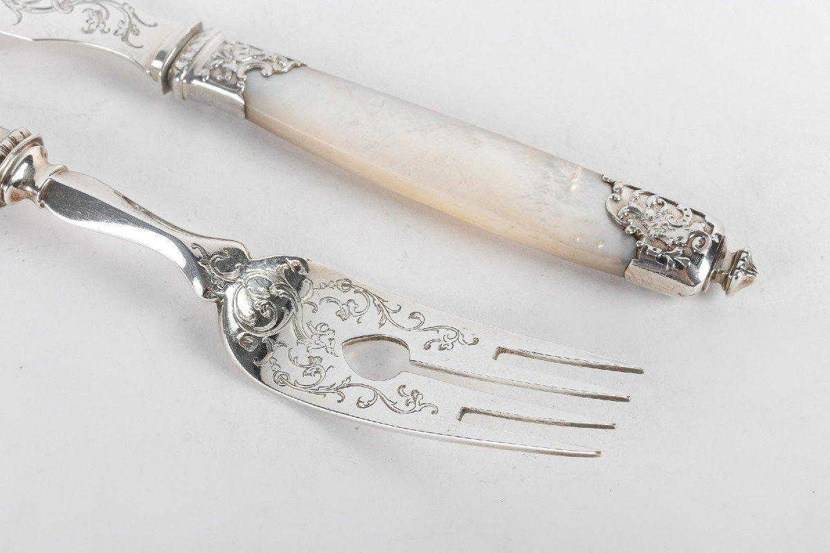 Sterling Silver Goldsmith Merite 12 Solid Silver And Mother-Of-Pearl Fish Cutlery 19th Century For Sale