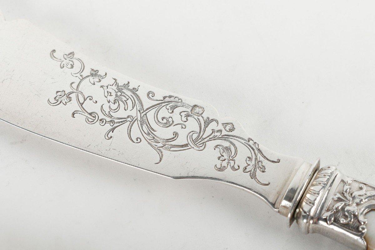 Goldsmith Merite 12 Solid Silver And Mother-Of-Pearl Fish Cutlery 19th Century For Sale 1