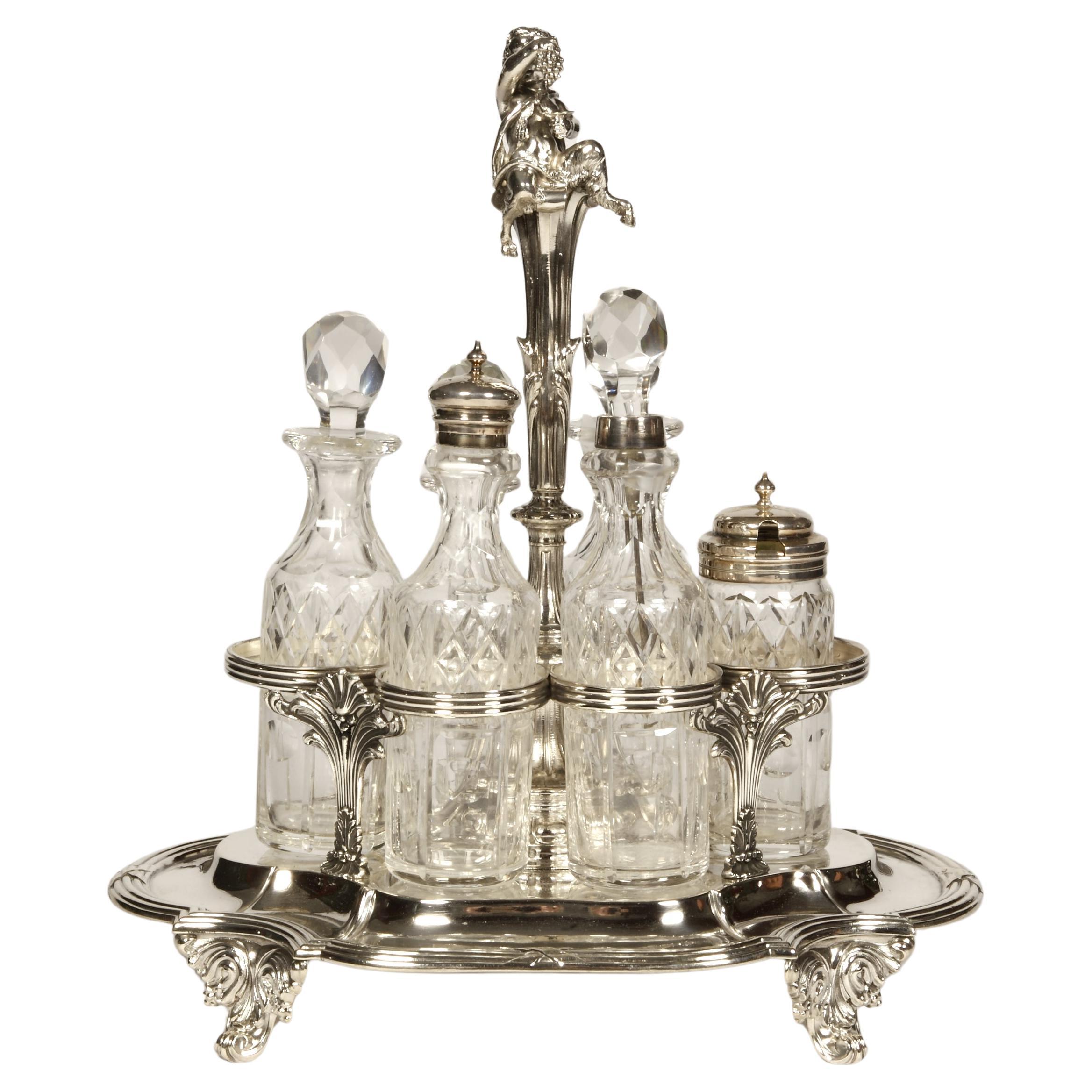 Goldsmith Odiot - Cabaret With Condiments In Sterling Silver And Crystal Bottles For Sale
