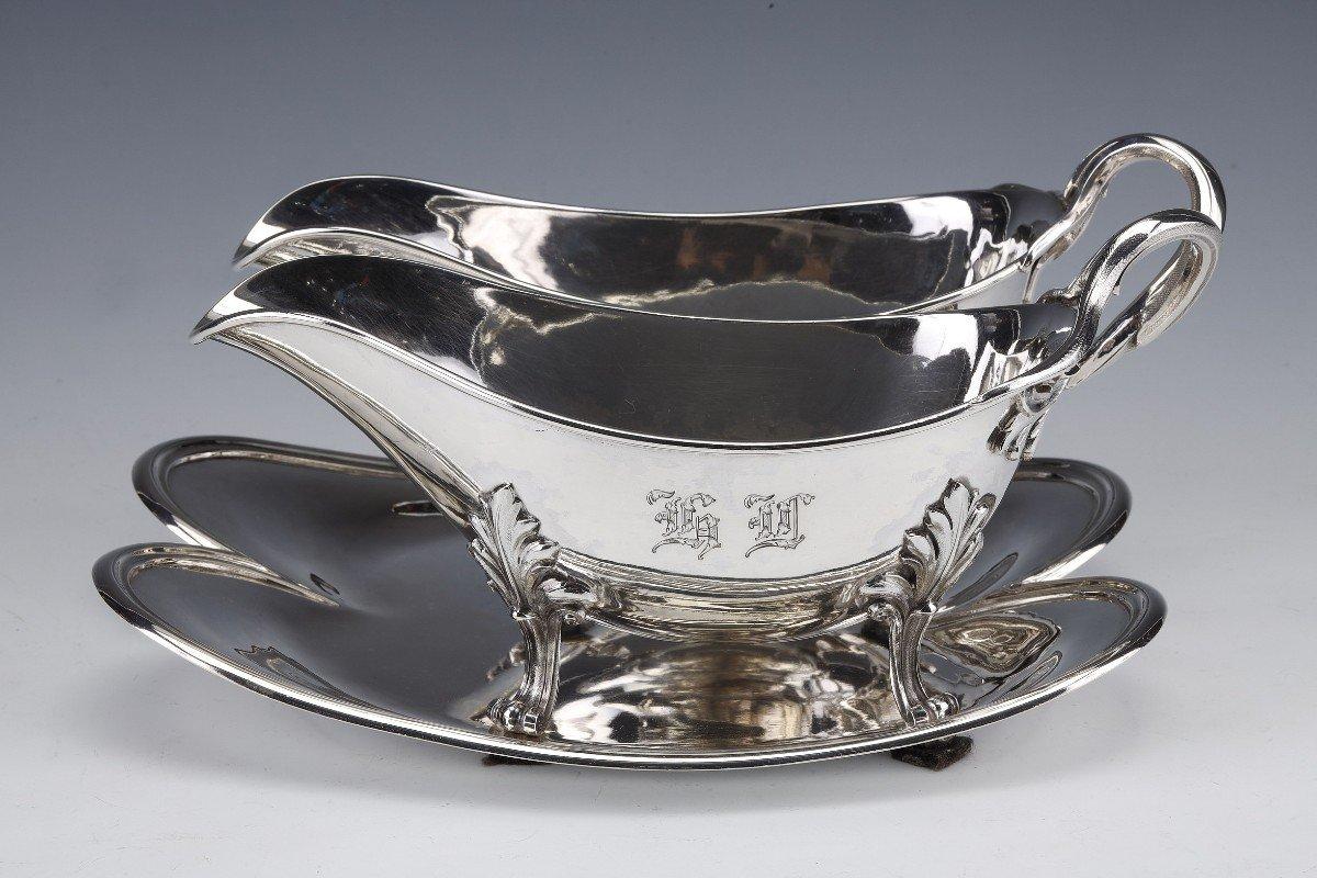 French Goldsmith Odiot - Double Sauceboat On Tray In Sterling Silver Late Nineteenth For Sale