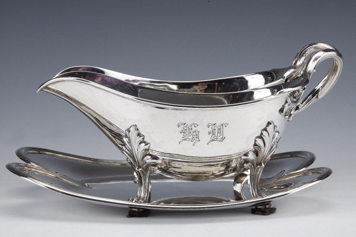 19th Century Goldsmith Odiot - Double Sauceboat On Tray In Sterling Silver Late Nineteenth For Sale