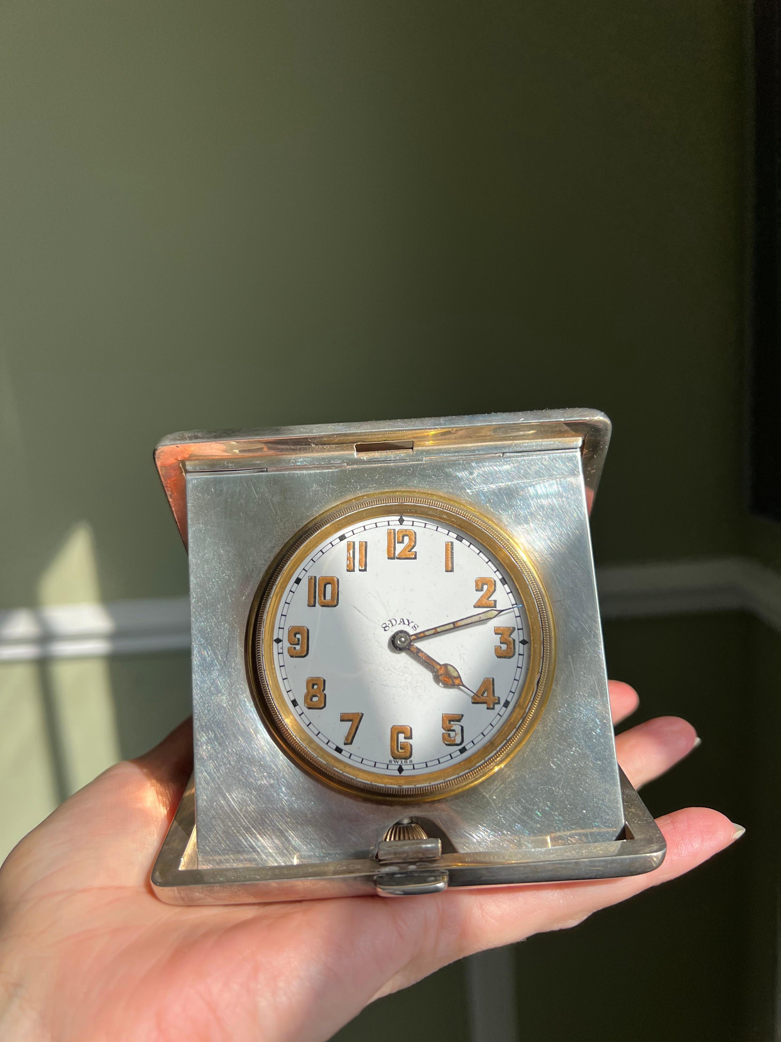 Mr. Giallo is opening his personal vault to sell a collection of his treasured antiques he's held on for so long.

ABOUT ITEM
Goldsmith & Silversmith sterling silver travel desk 8 day clock. Solid really nice weight to clock. Great piece that can