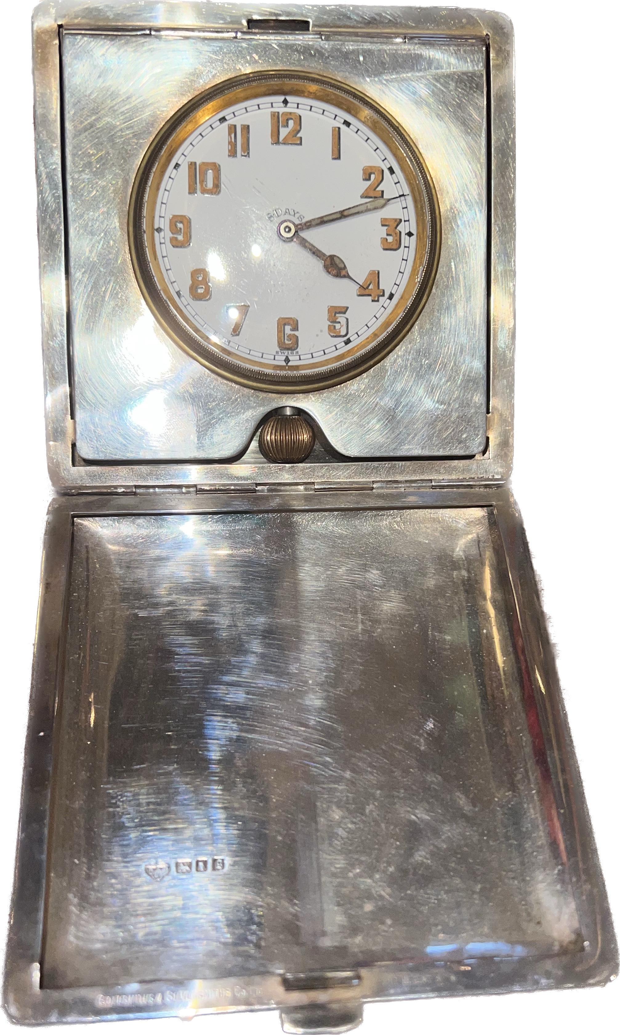 20th Century Goldsmith & Silversmith Sterling Silver Travel Desk 8 Day Clock