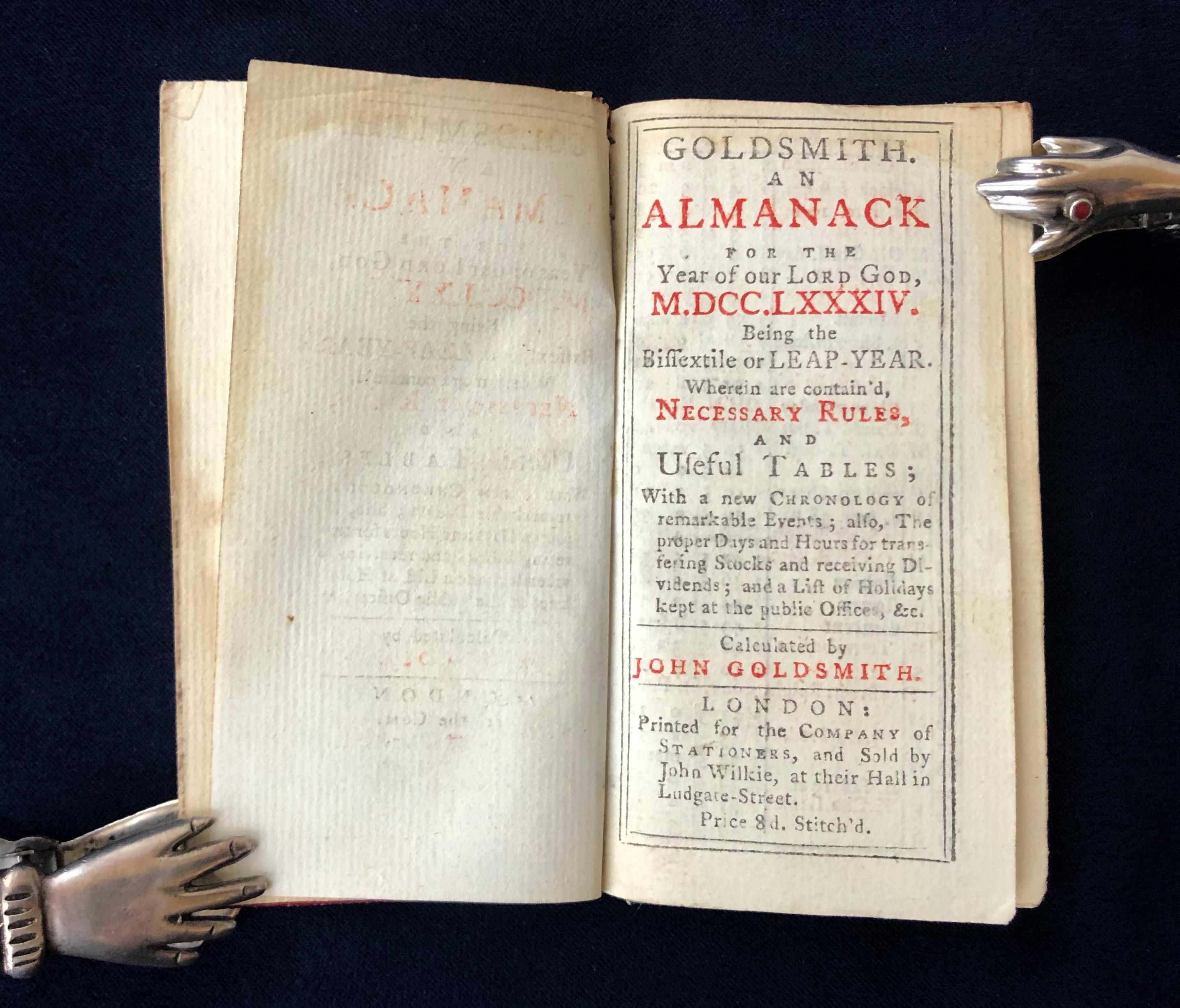 English Goldsmith's Almanack for the Year of Our Lord God M.DCC.LXXXIV.  1784 For Sale