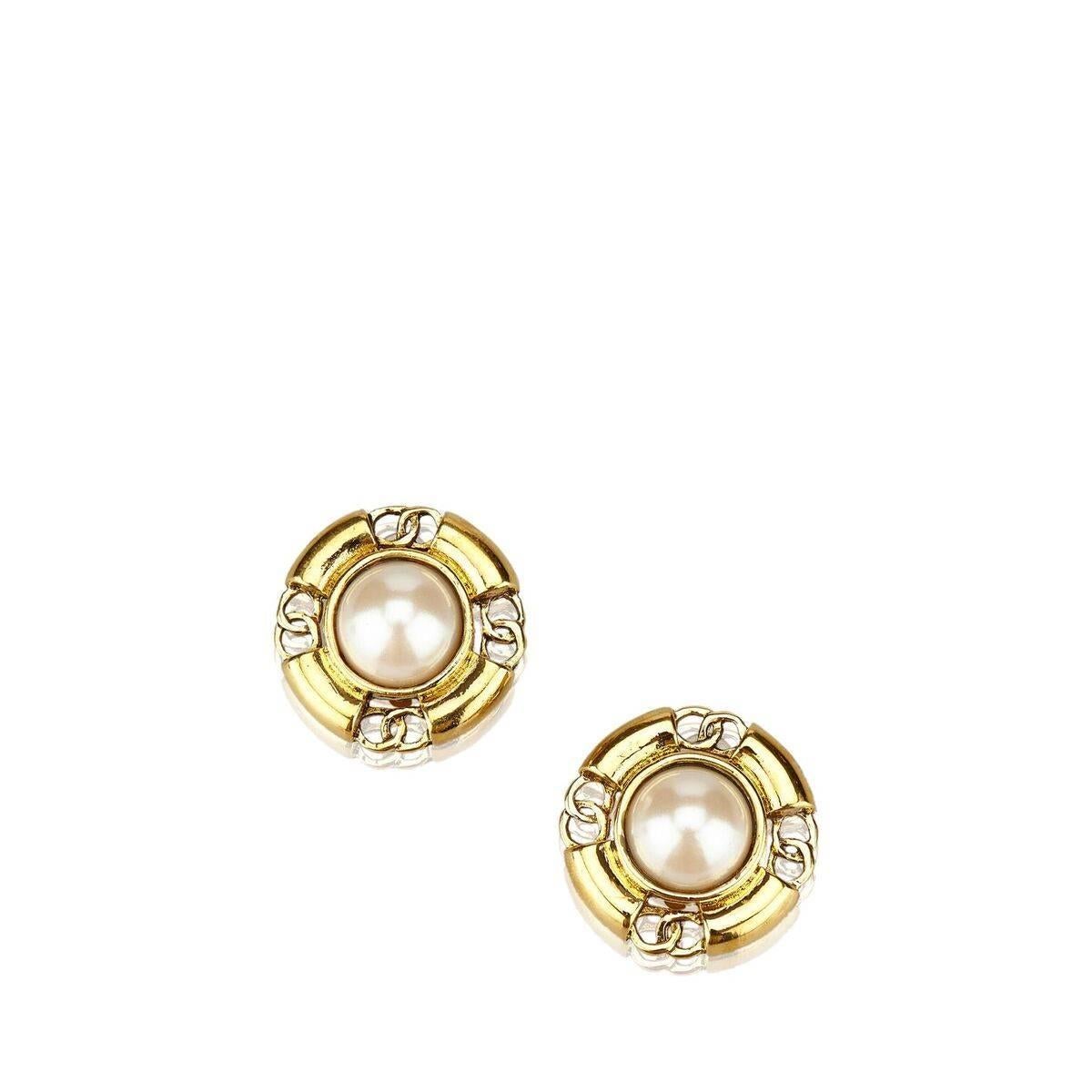 Goldtone Chanel Faux Pearl Clip-On Earrings 1