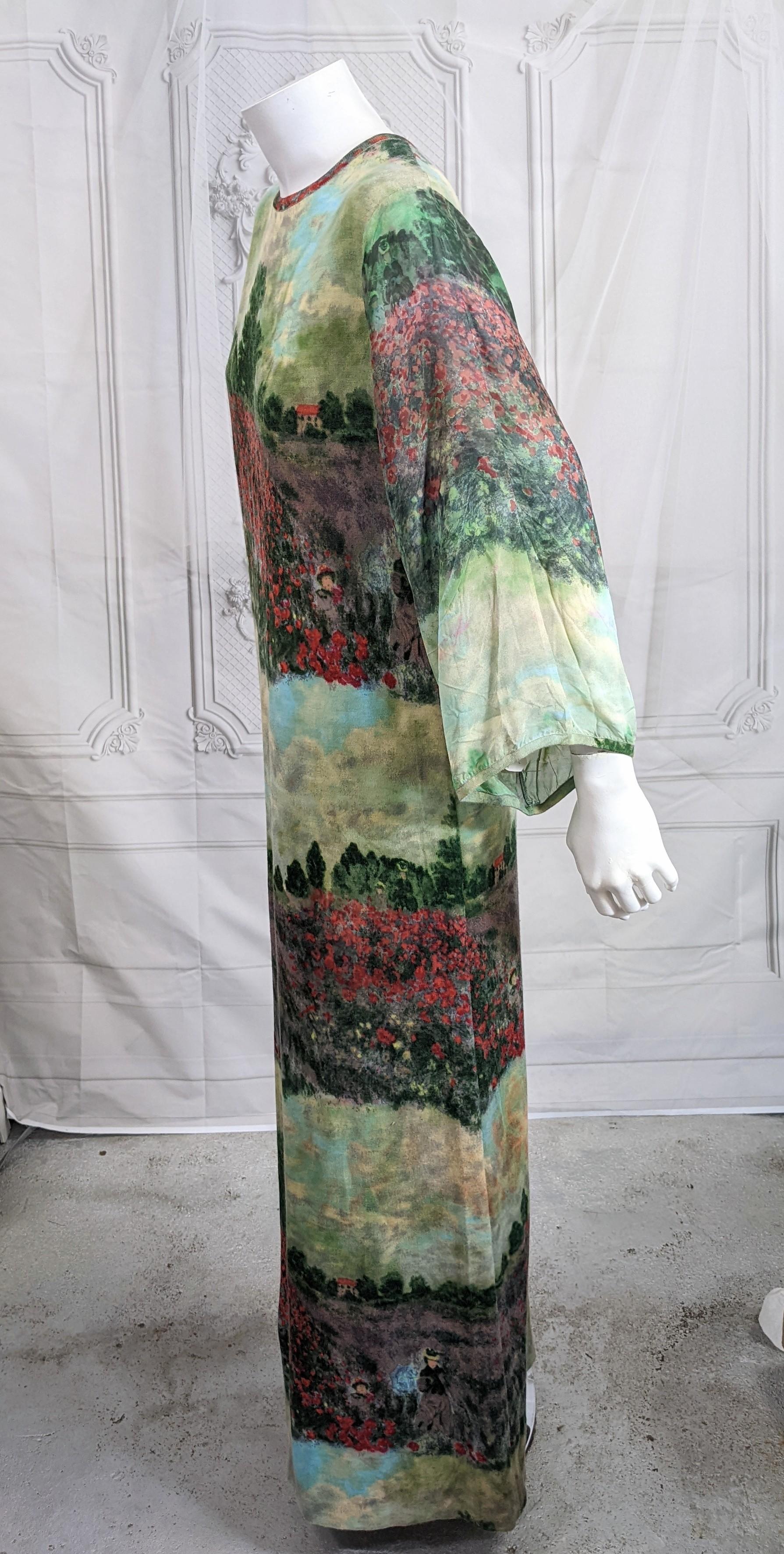 Easy Wool Jersey and Chiffon Monet Landscape Print Gown likely made by Goldworm in the 1970's. Body of dress is soft printed wool jersey with sheer chiffon kimono sleeves in same print edged in knit trim. Striking and as easy to wear as a T shirt. 