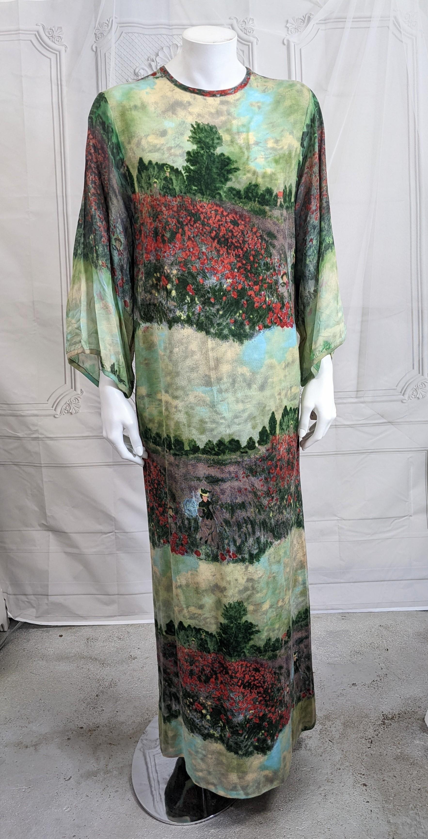Goldworm Wool Jersey and Chiffon Monet Printed Gown For Sale 1