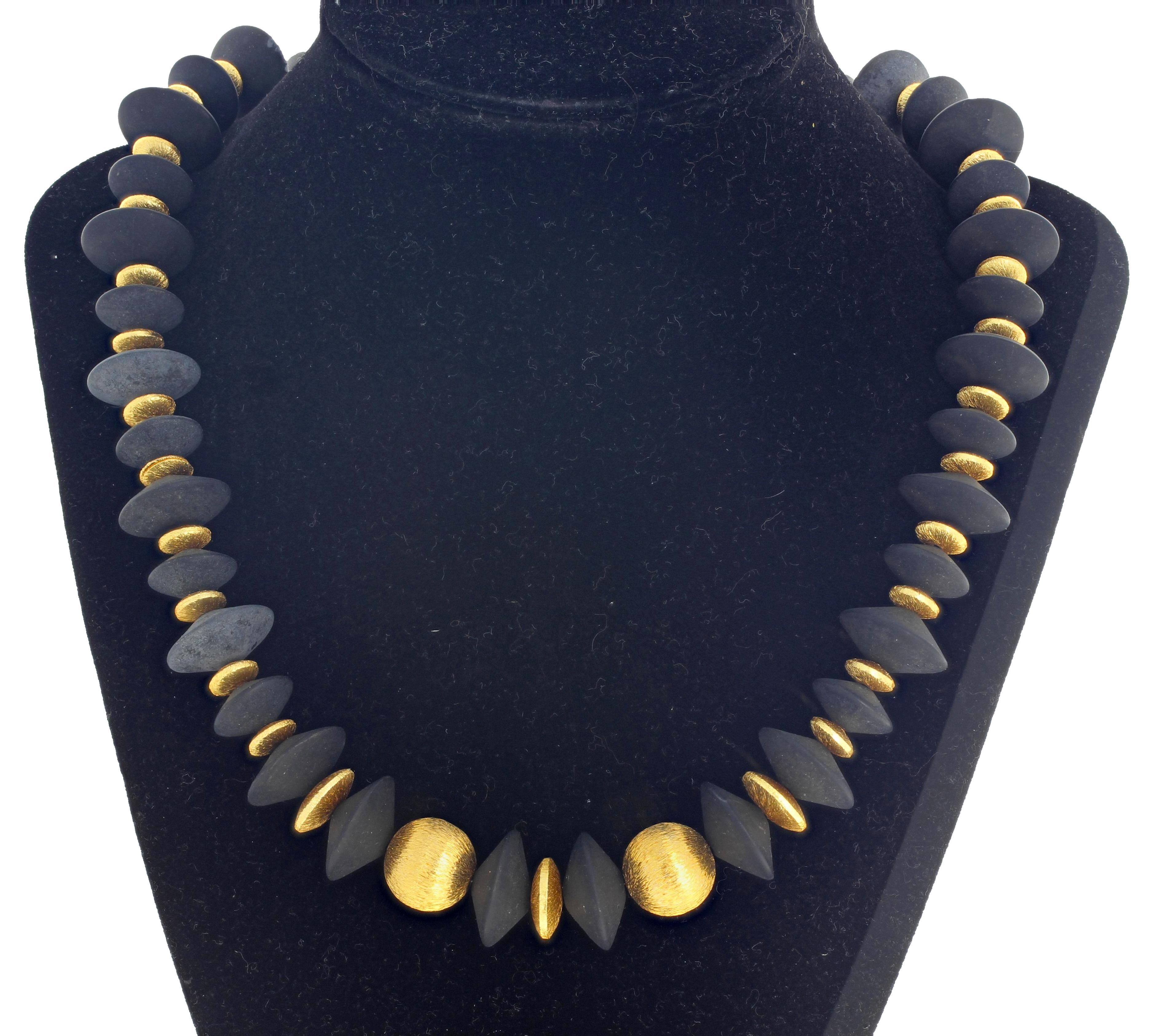 Unique Black Onyx and gold plated Rondels in this elegant formal 19.5 inch long necklace with a gold plated easy to use clasp.  The largest Onyx is 18 mm and the largest gold plated Rondel is 14.5 mm. This is hugely elegant both day and night.  