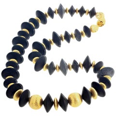 AJD Art Deco Inspired Impressive Gold Plated Rondels & Black Onyx Necklace