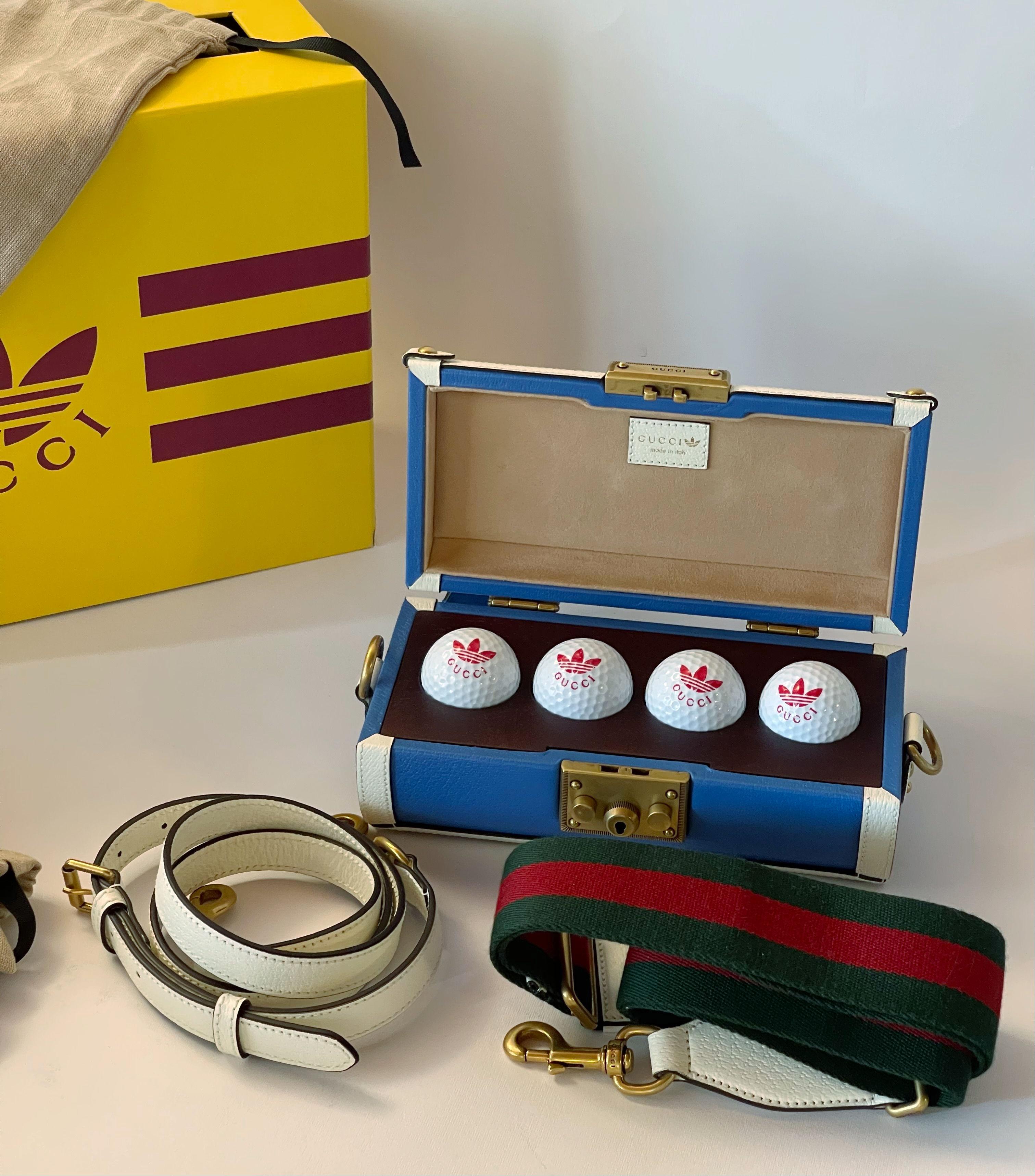 Rare Limited Edition GUCCI x adidas golf ball case handbag or shoulder bag in blue and white color ways, with removable and adjustable shoulder strap and push closure / made in Italy
New never been used / comes in original box
Width: 9 inches /