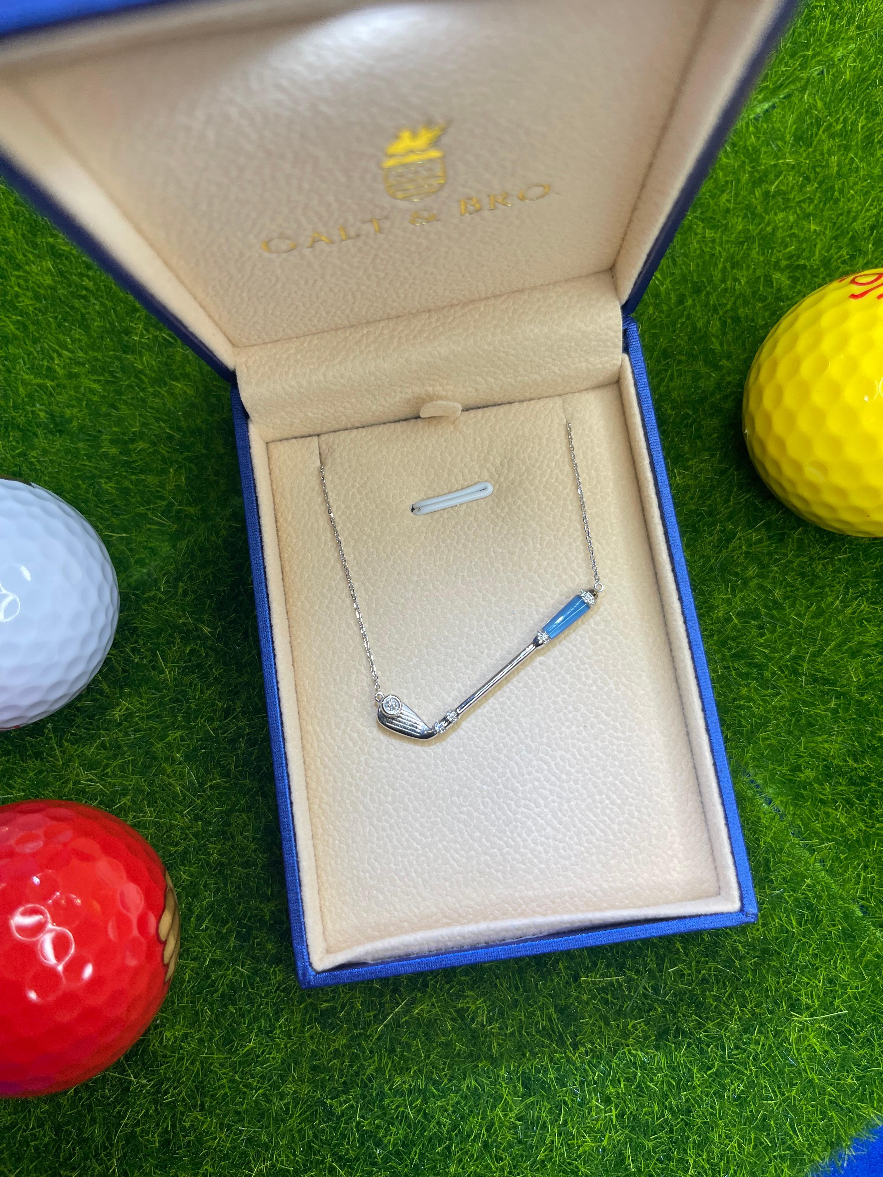 Diamond Blue Agate Golf Club Birdie Charm 18 Karat White Gold Necklace Pendant For Sale 4