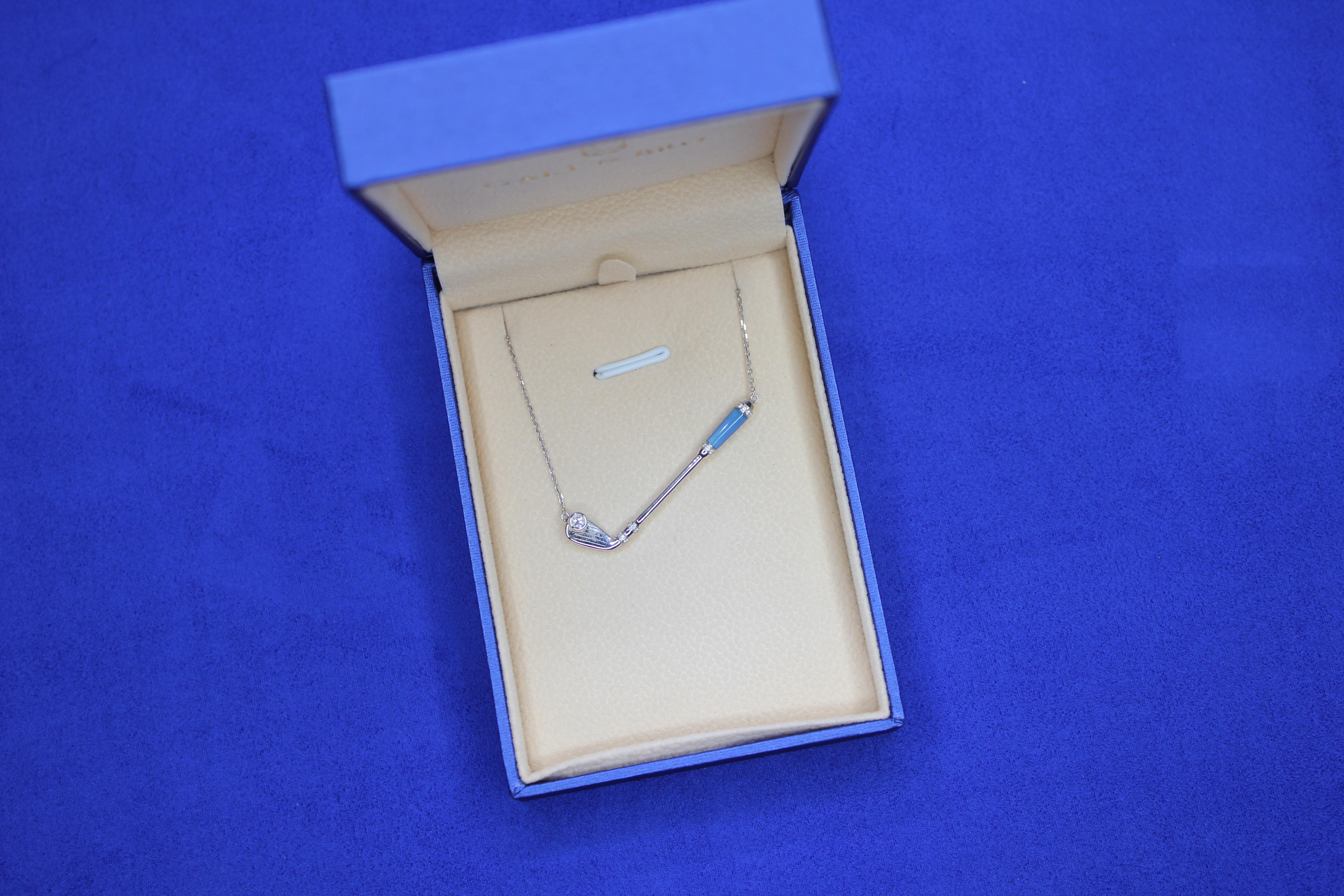 Diamond Blue Agate Golf Club Birdie Charm 18 Karat White Gold Necklace Pendant For Sale 1