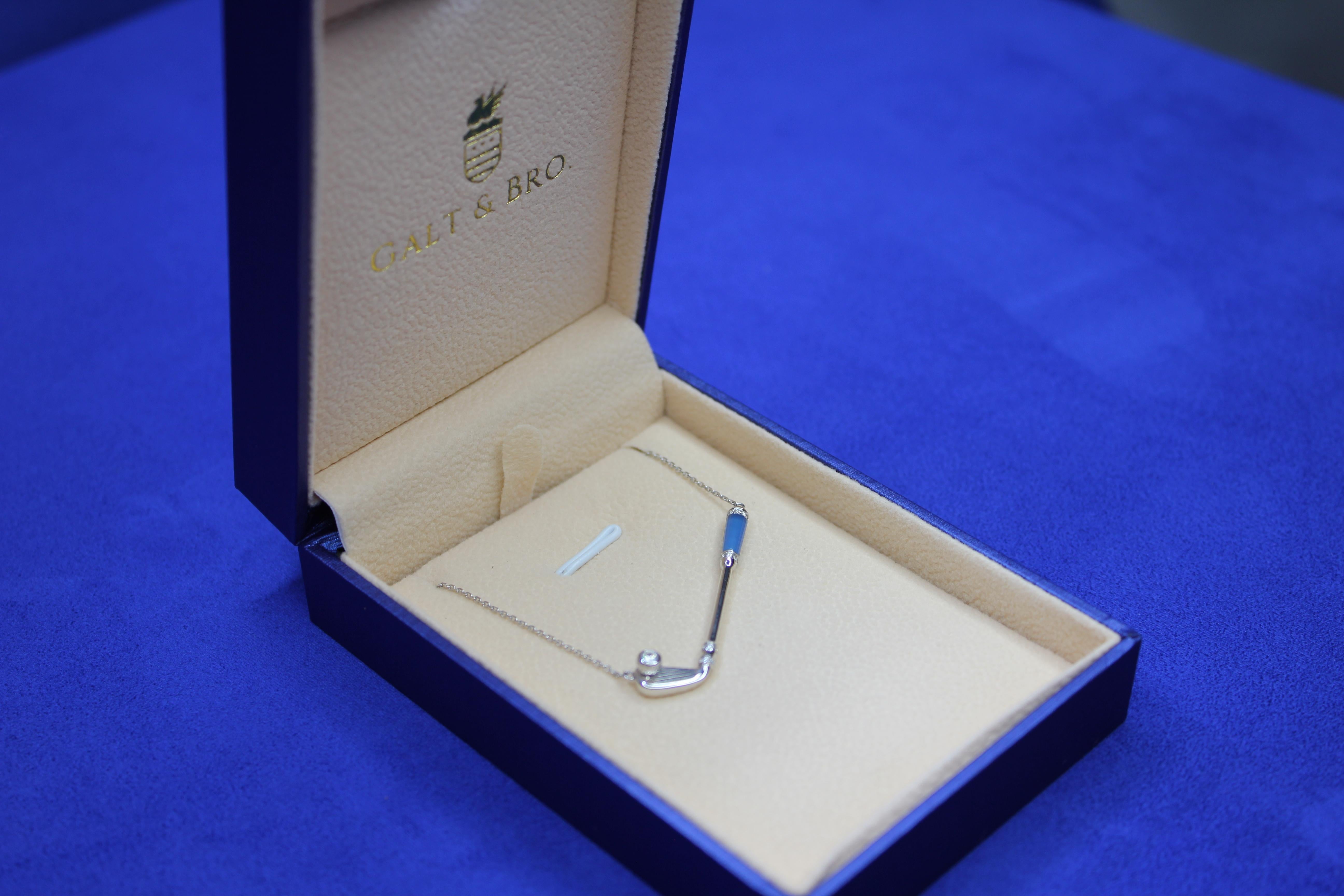 Diamond Blue Agate Golf Club Birdie Charm 18 Karat White Gold Necklace Pendant For Sale 2
