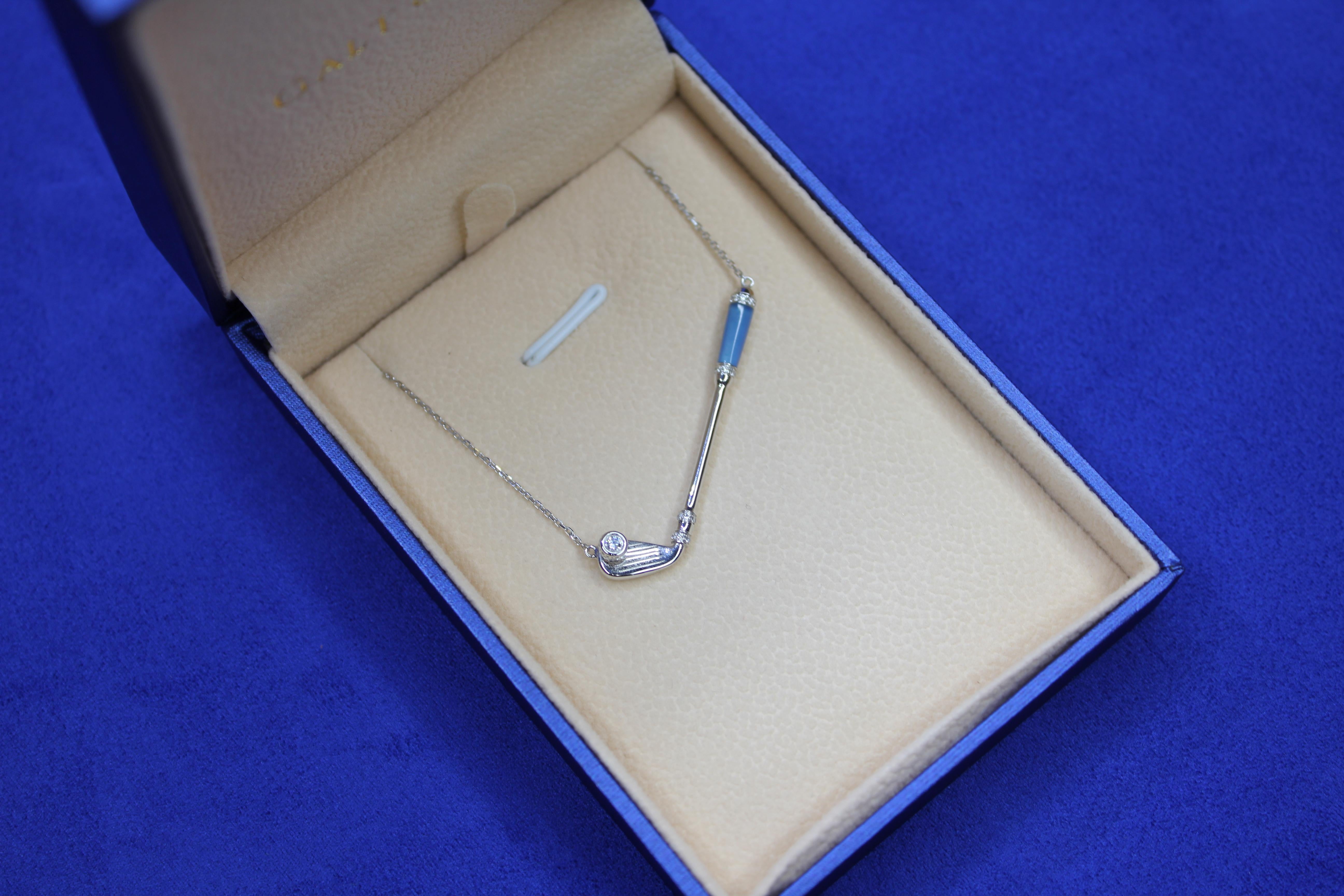 Diamond Blue Agate Golf Club Birdie Charm 18 Karat White Gold Necklace Pendant For Sale 3