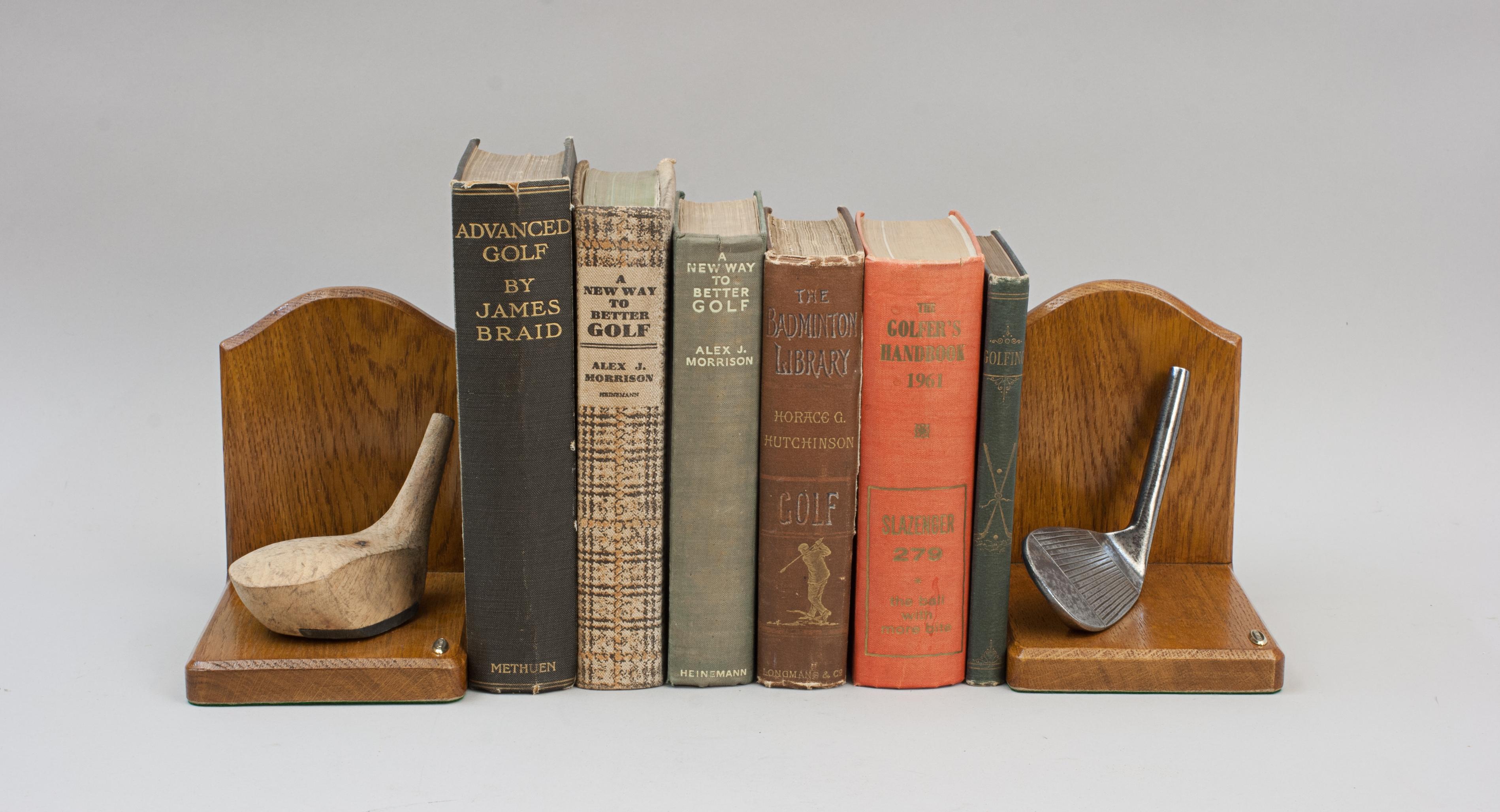 Robert Simpson Bookends, Mashie Niblick & Wood.
A pair of bookends hand crafted from high quality traditional materials with original 1940's club heads. The heads came from the Carnoustie workshop of Robert Simpson when it closed down and have been