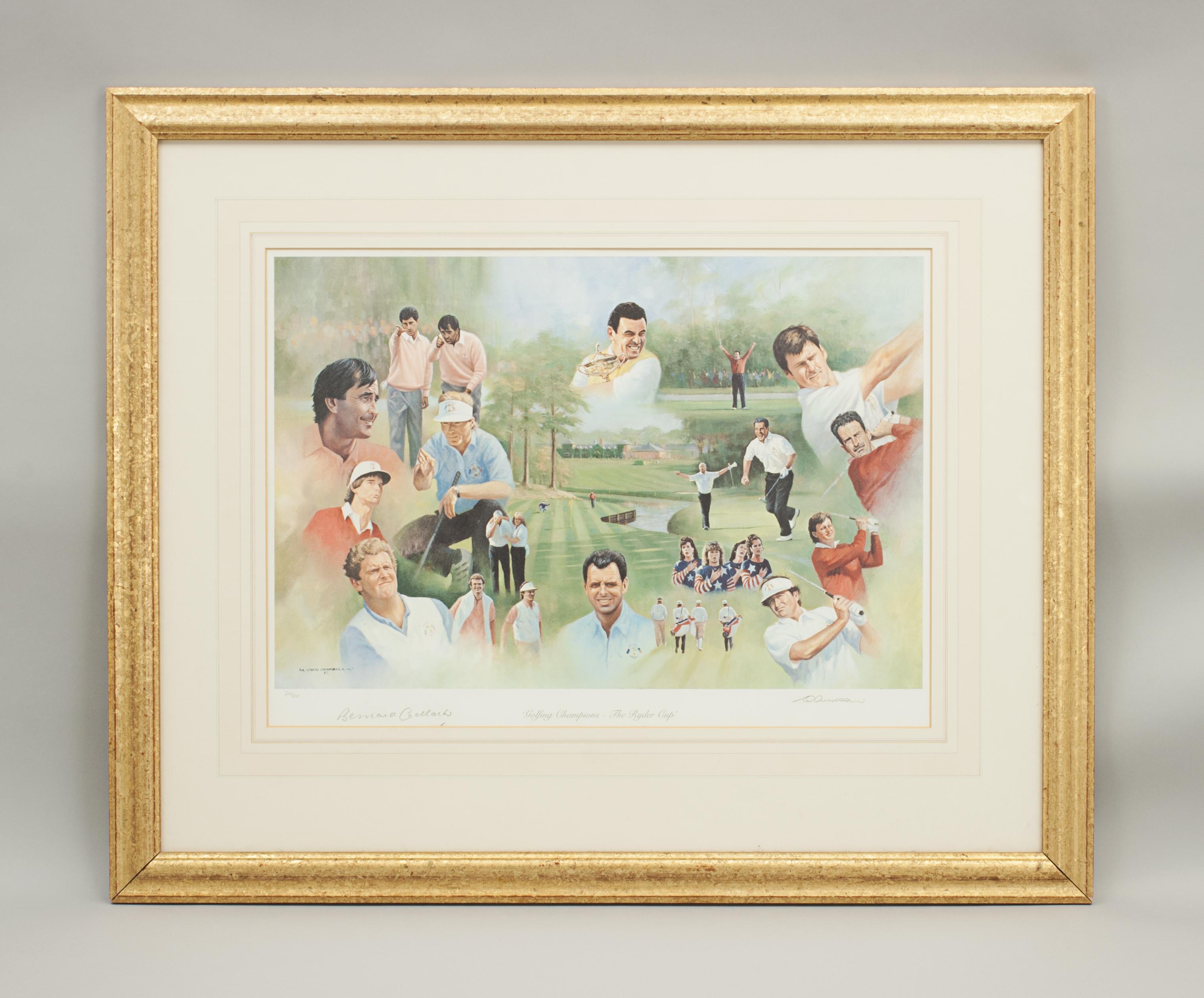 Craig Campbell Golf Champions - The Ryder Cup.
A colourful limited edition golfing print by Craig Campbell entitled 'Golfing Champions - The Ryder Cup'. This is No. 216 of 500 and is signed in pencil by Bernard Gallacher and the artist Craig