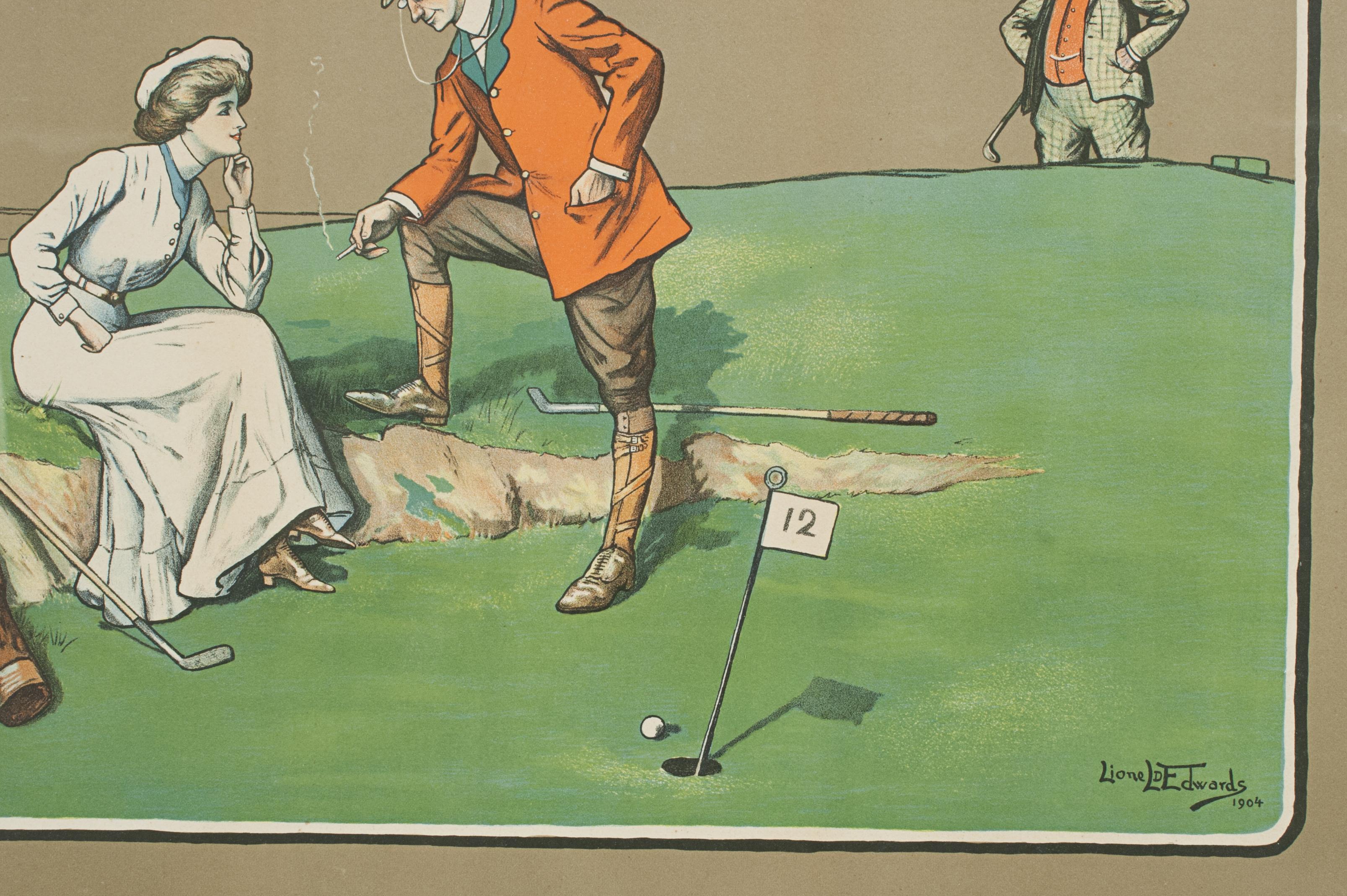 Early 20th Century Golf Chromolithographs by Lionell Edwards, a Threesome & Stymied For Sale