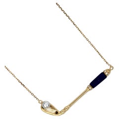 Golf Club Birdie Diamond Black Onyx Charm 18 Karat Yellow Gold Necklace Pendant