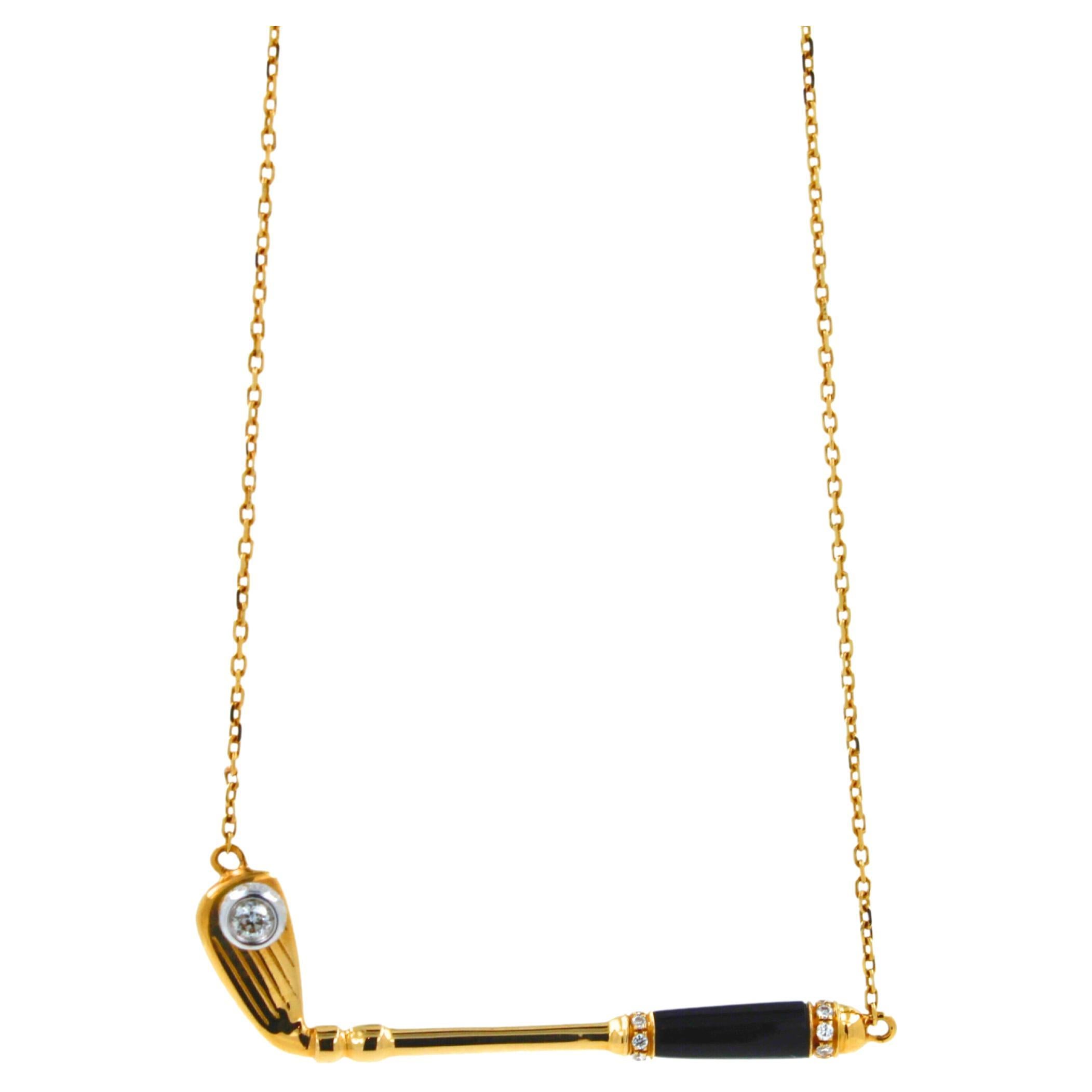 Golf Club Birdie Diamond Black Onyx Charm 18 Karat Yellow Gold Necklace Pendant For Sale