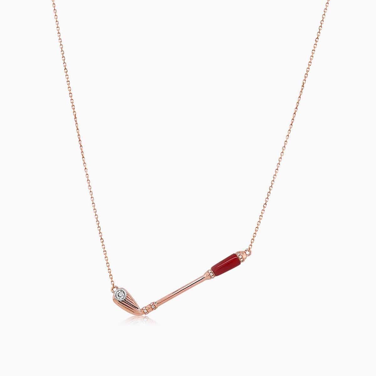 Collar Colgante Club de Golf Cornalina Roja y Diamante Blanco Oro Rosa 18K Corte mixto en venta