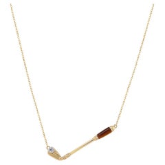 Golf Club Tiger Eye Stone & White Diamond 18K Yellow Gold Pendant Necklace