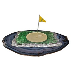 Golf green in solid 800 silver enamelled,  burnished  anf golded on agate base