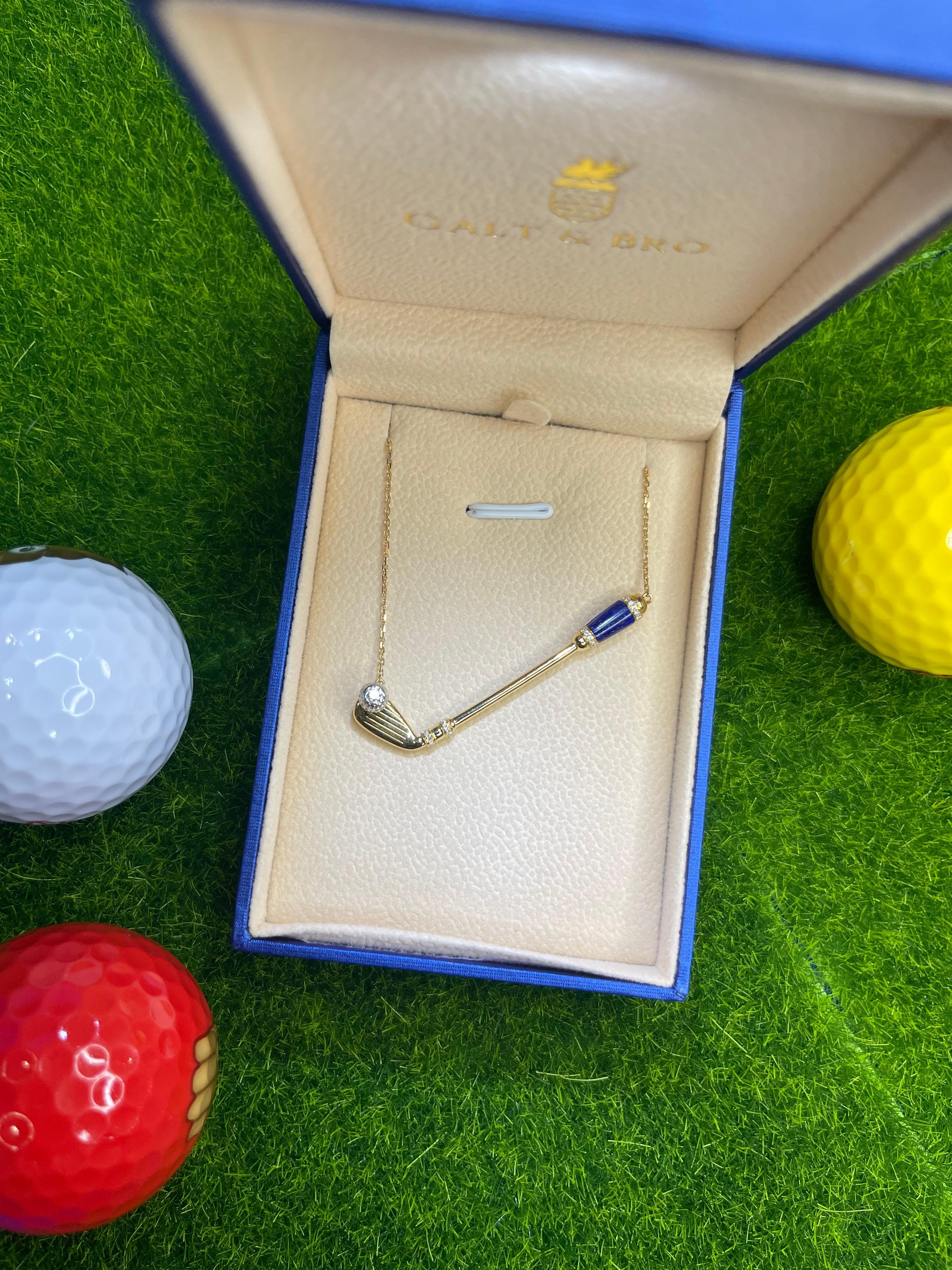 Diamond Blue Lapis Lazuli Golf Club Birdie Charm 18 Karat Gold Necklace Pendant In New Condition For Sale In Oakton, VA