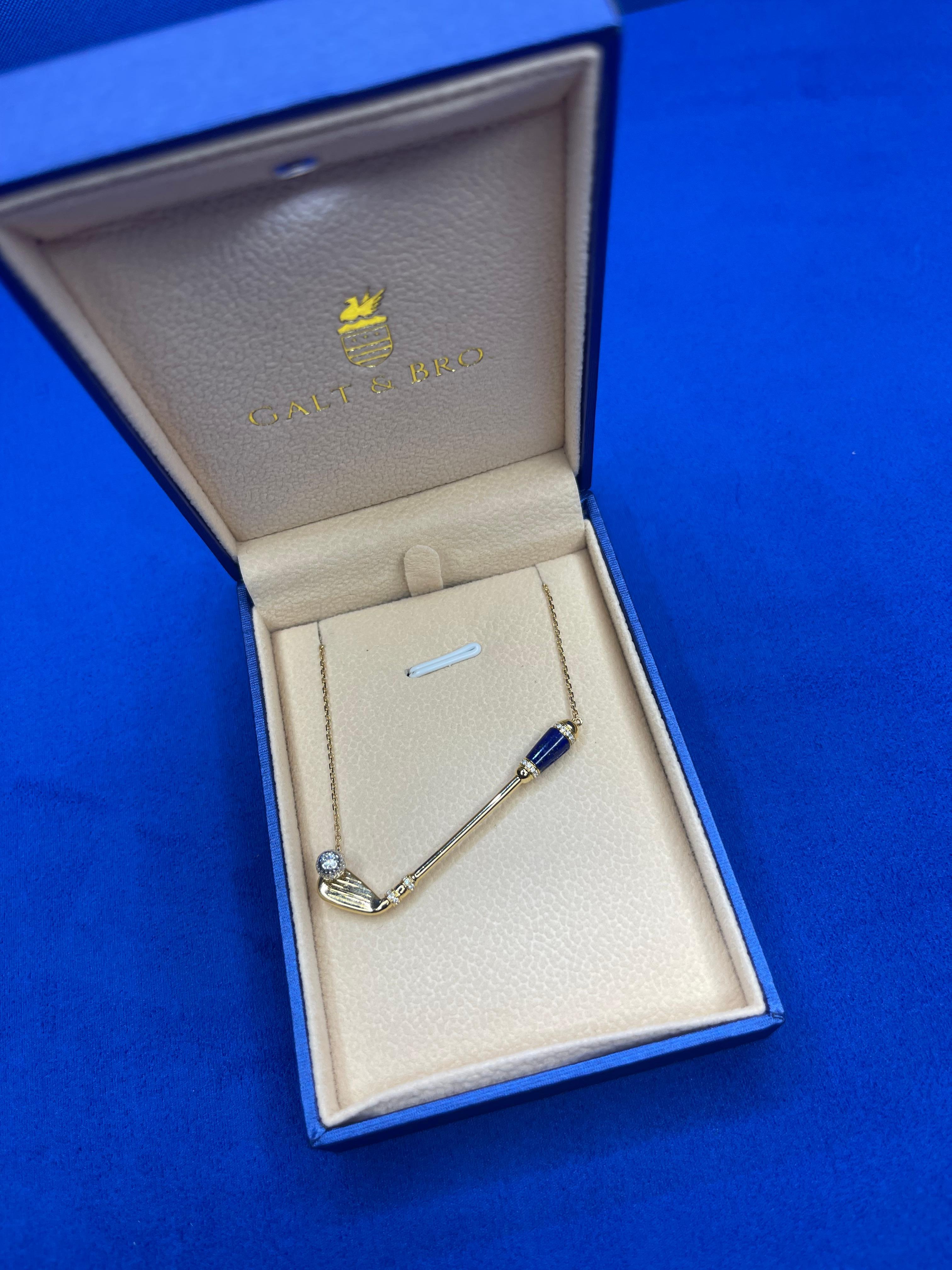 Women's or Men's Diamond Blue Lapis Lazuli Golf Club Birdie Charm 18 Karat Gold Necklace Pendant For Sale