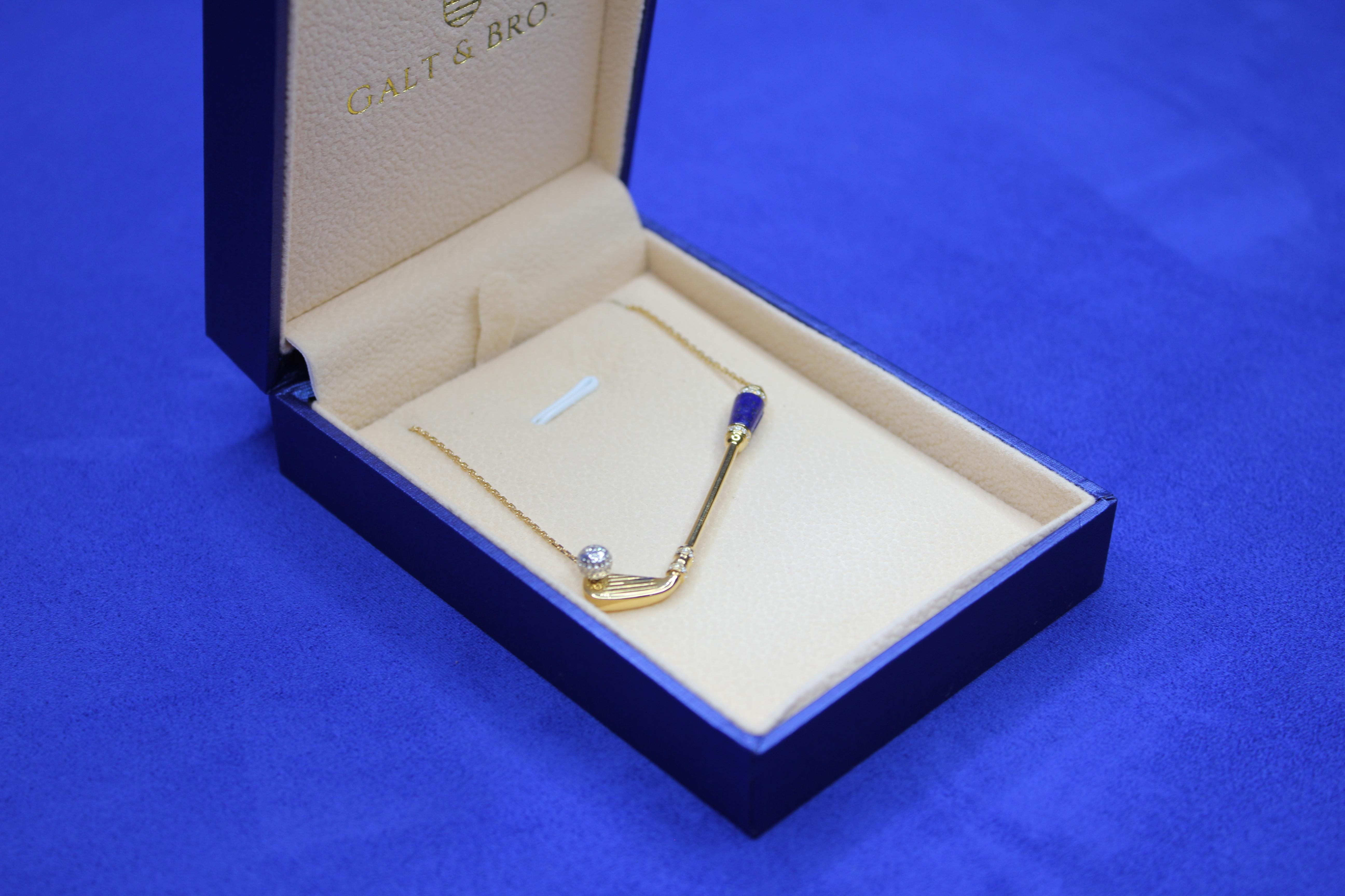 Diamond Blue Lapis Lazuli Golf Club Birdie Charm 18 Karat Gold Necklace Pendant For Sale 1