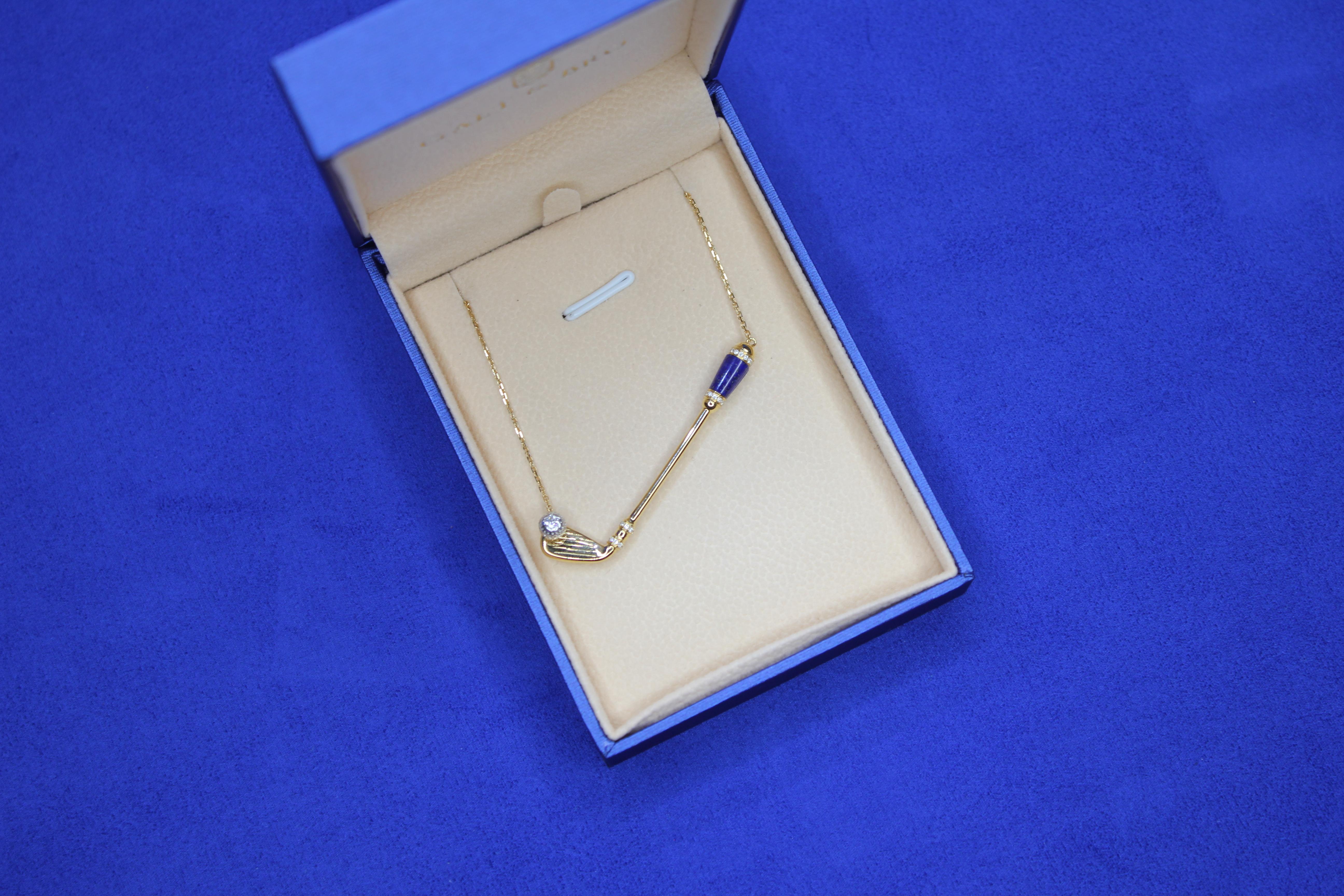 Diamond Blue Lapis Lazuli Golf Club Birdie Charm 18 Karat Gold Necklace Pendant For Sale 2
