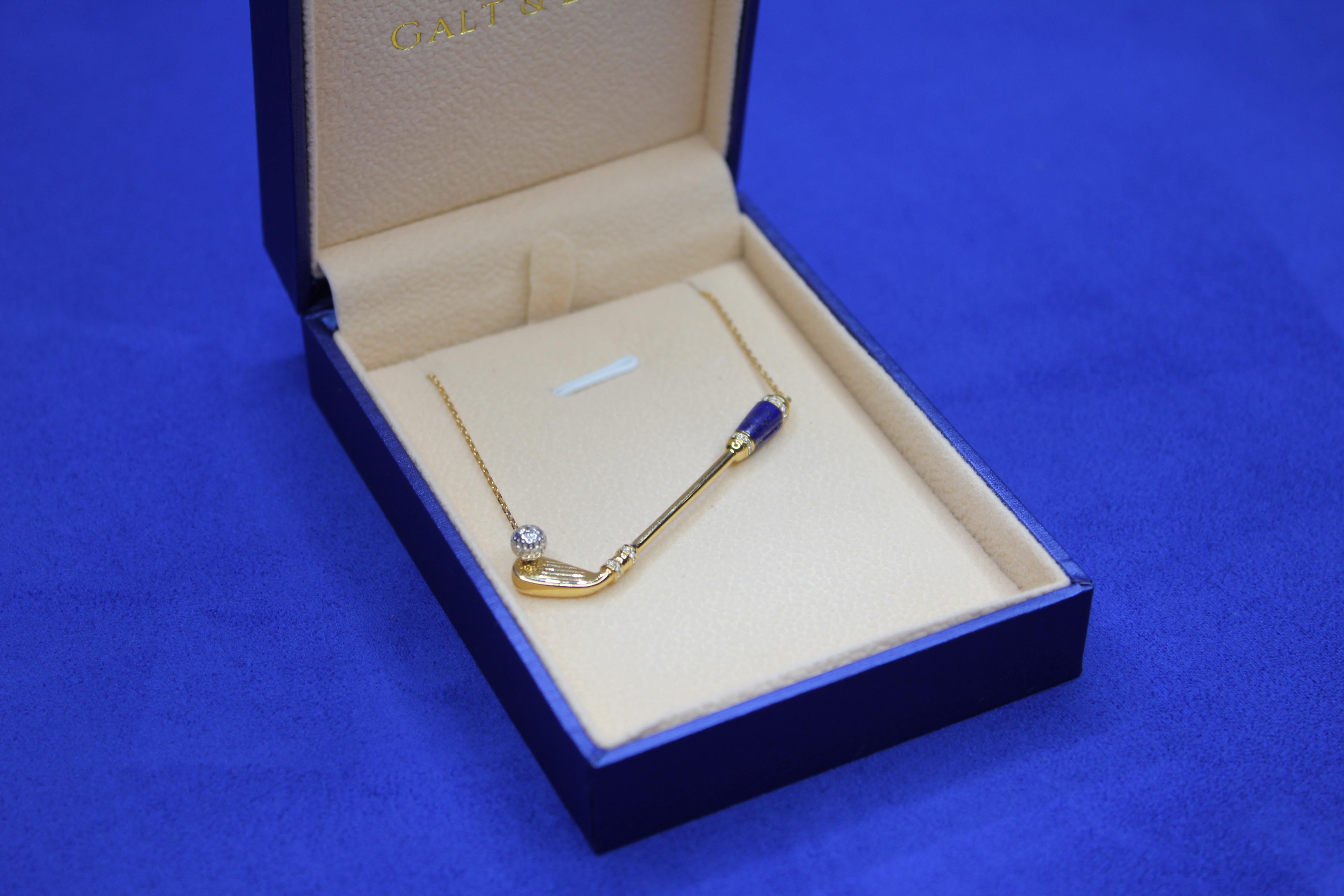 Diamond Blue Lapis Lazuli Golf Club Birdie Charm 18 Karat Gold Necklace Pendant For Sale 3